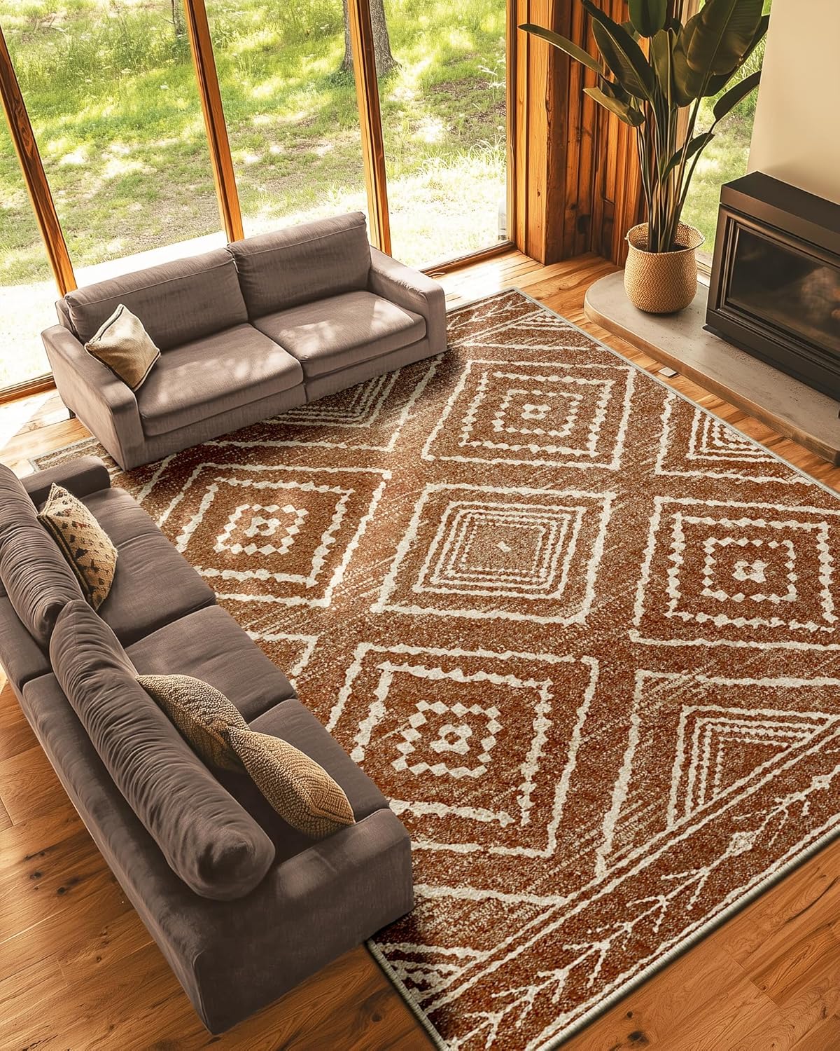 Area Rug 9x12 Rug Machine Washable Non-Slip Low Pile Print Pattern Western Rug for Living Room Bedroom Entryway Tribal Series -Yellowbrown/Cream Yellowbrown/Cream 9' x 12' (Rectangular)