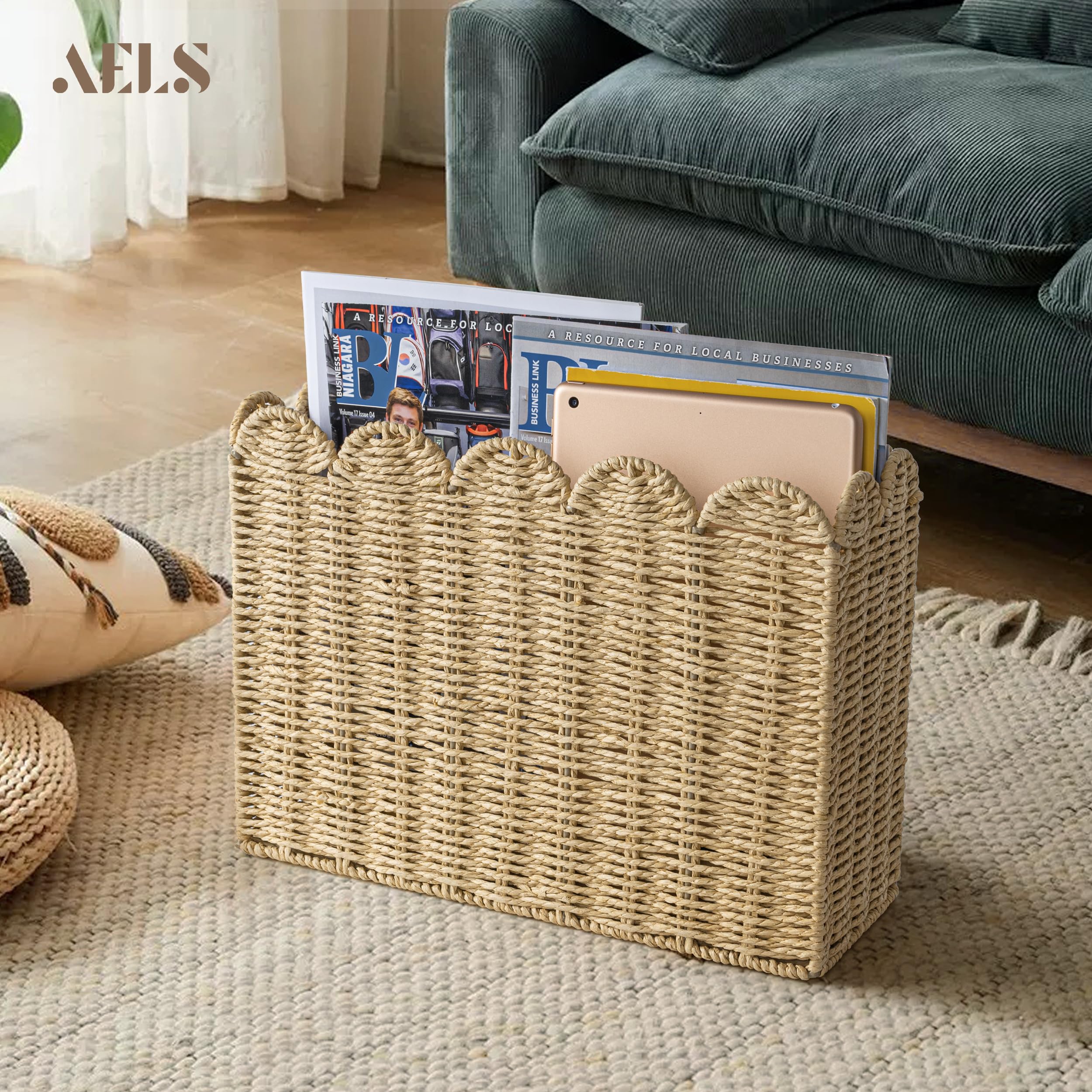 AELS Zeitschriftenhalter aus gewebter Naturfaser, gewellter Rand, handgewebter Organizer, Boho-moderner Bauernhaus-Bücherkorb, Datei-Zeitungsbriefhalter für Büro