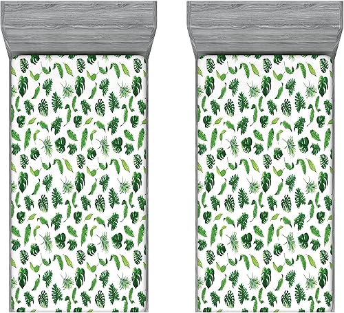 Miniatura 68 de Ambesonne Sábana bajera tropical, hojas de palmera diversificadas con filodendro de hojas divididas, funda de cama con bolsillo profundo elástico