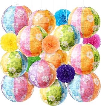 Fovths 18 Pcs Beach Party Decorations Paper Lanterns, Hawaiian Party Decorations with Hibiscus Chrysanthemum Lantern, 6" 8" 10" Tissue Pom Poms Honeycomb Balls Hanging Decor for Tropical Luau Summer