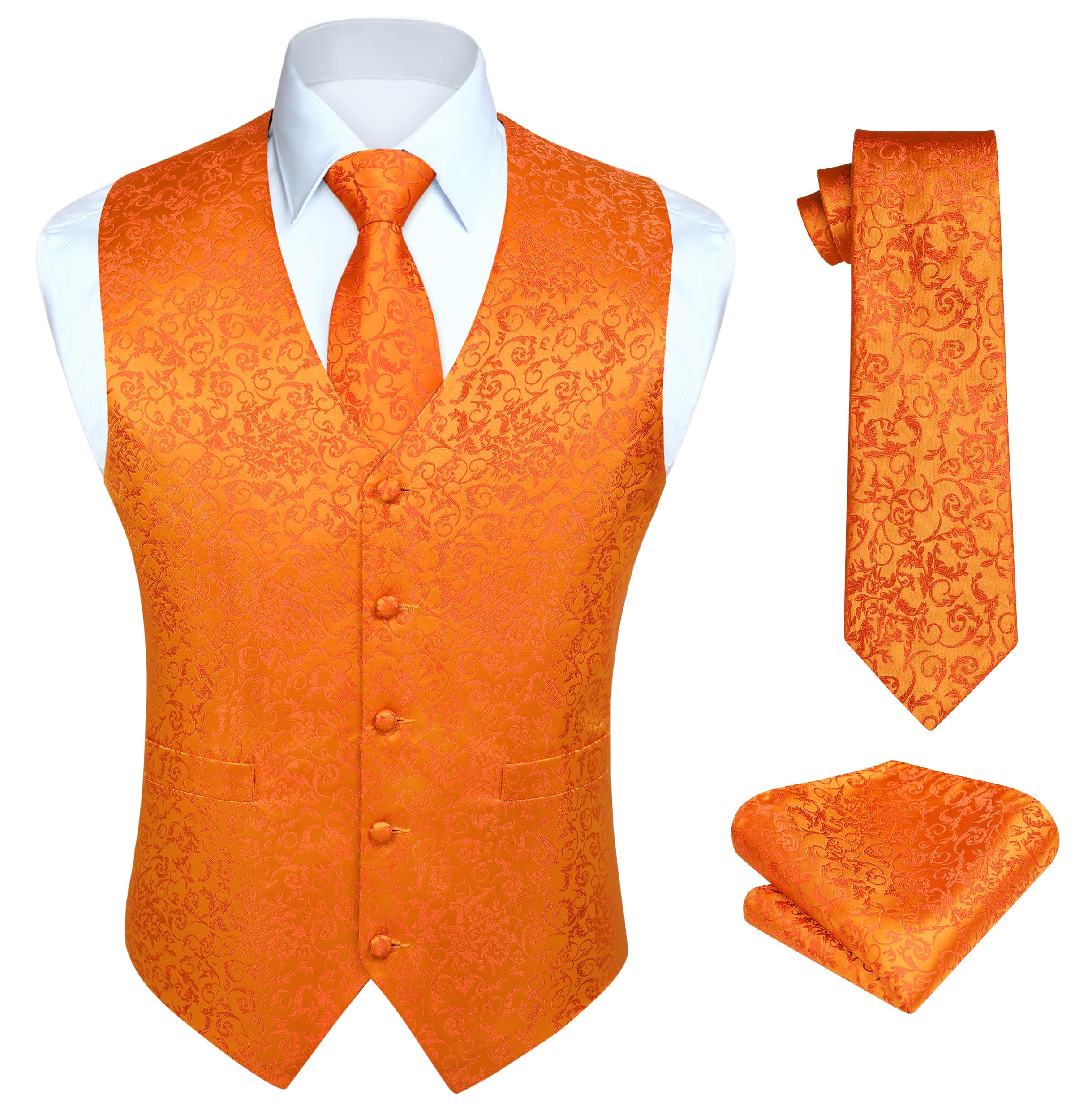 HISDERN Mens Vest Tie Set 3PC Formal Waistcoat Paisley Floral Jacquard Necktie Pocket Square Suit Vests Wedding Party