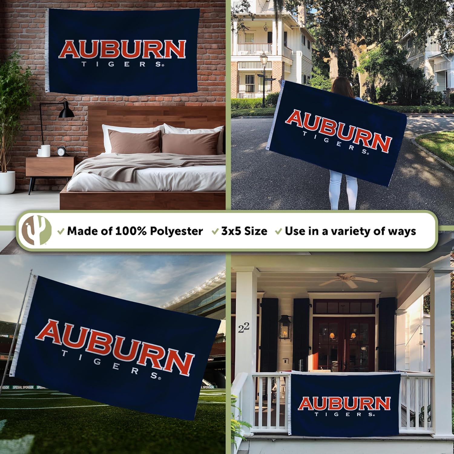 Desert Cactus Auburn University AU Flag - 3 x 5 Feet Tigers Banner, Indoor/Outdoor Durable Fabric, 100% Polyester Design (Style 6)
