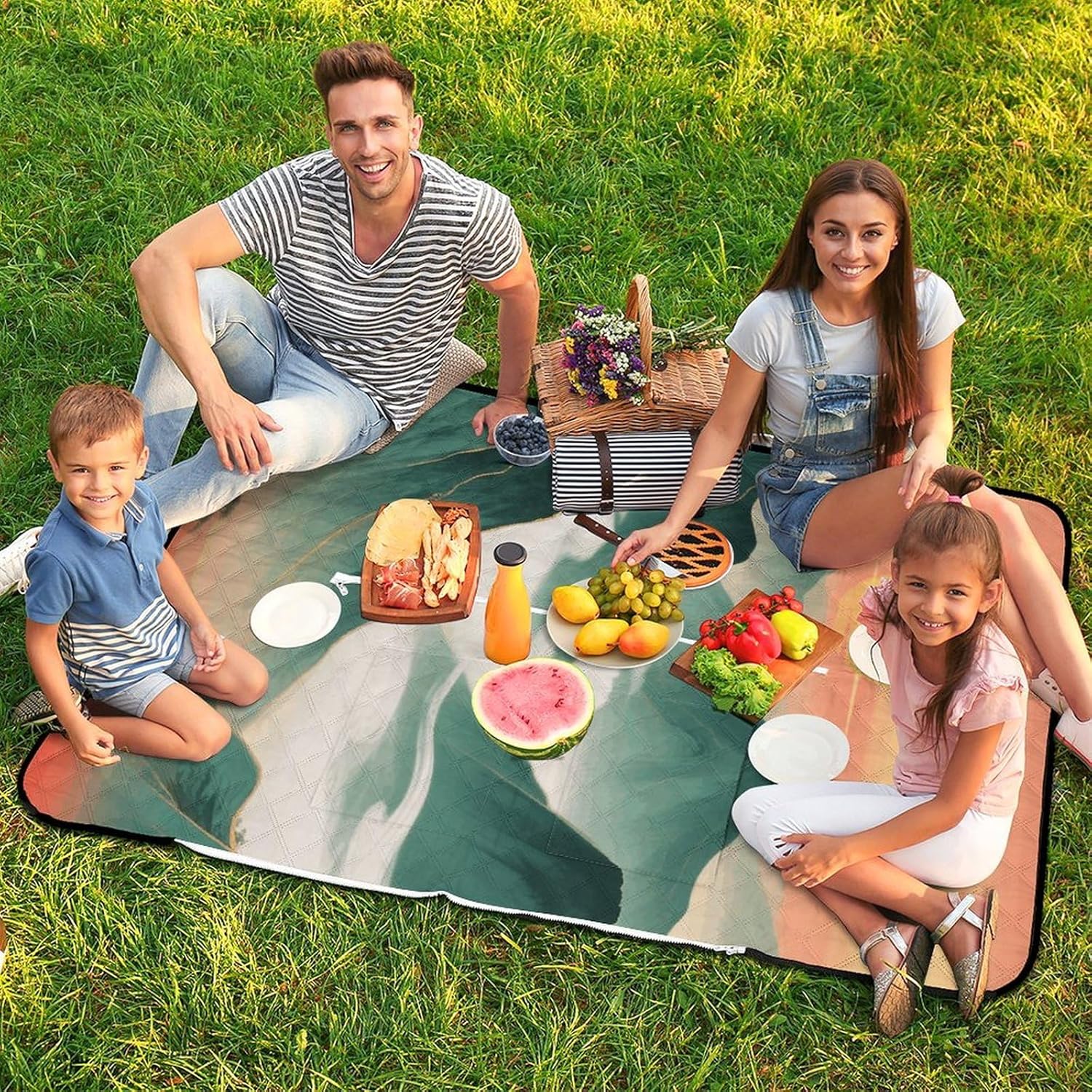 Green Mountains By Sunset Picnic Blanket 150x100cm, Foldable 2-in-1 Picnic Mat and Tote Bag Portable Waterproof Beach Mat Sandproof Outdoor Blanket for Park, Hiking, Beach, Camping, Travel