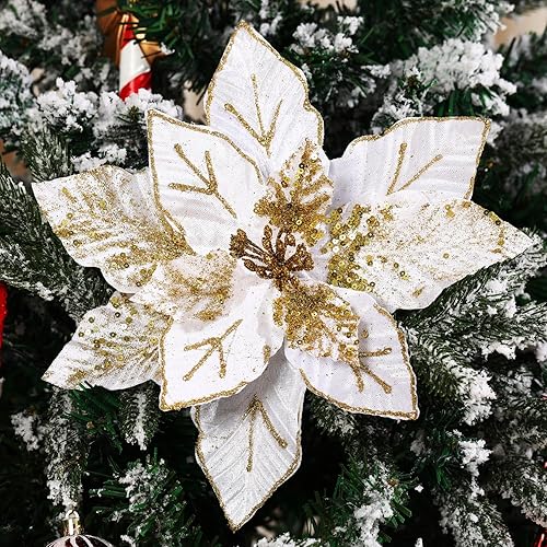 GL-Turelifes Flores de Navidad grandes con purpurina de 10.7 pulgadas, 6 piezas de flores de pascua artificiales, adornos plegables para decoración