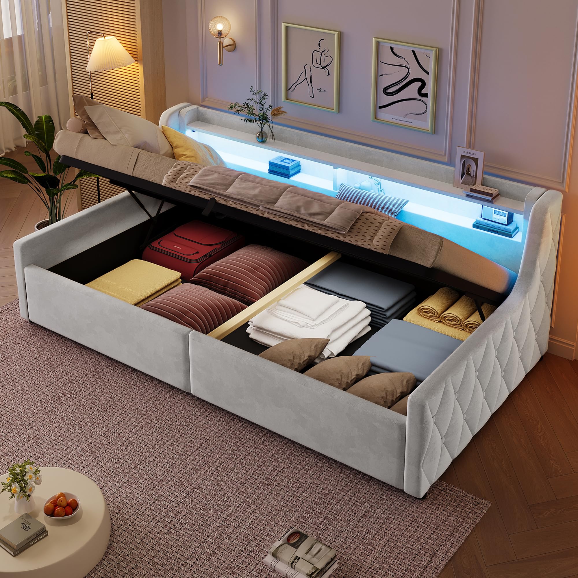 Letto a piattaforma in velluto, 90 x 200 cm, con contenitore idraulico, beige, crema