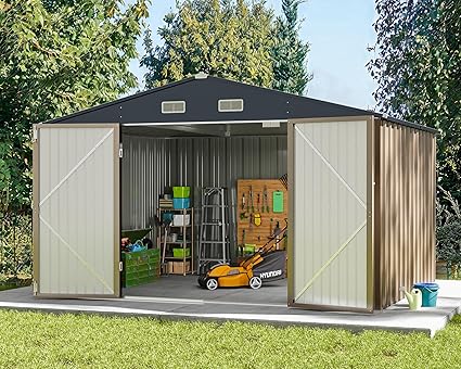 Greesum Metal Outdoor Storage Shed 10FT x 8FT, Steel Utility Tool Shed Storage House with Door & Lock, Metal Sheds Outdoor Storage for Backyard Garden Patio Lawn (10' x 8'), Brown