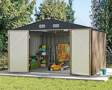 Greesum Metal Outdoor Storage Shed 10FT x 8FT, Steel Utility Tool Shed Storage House with Door & Lock, Metal Sheds Outdoor Storage for Backyard Garden Patio Lawn (10' x 8'), Brown