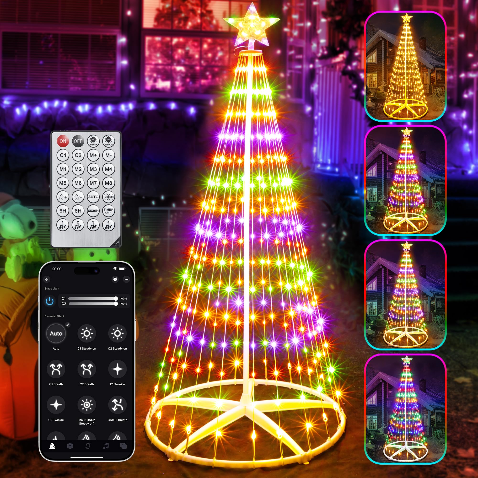 30+ Modes Smart Prelit Christmas Cone Tree with Lights - 6ft 296 LED App Control Color Changing Light Show Trees with Remote Timer Music Sync for Indoor Outdoor Yard (White Body)