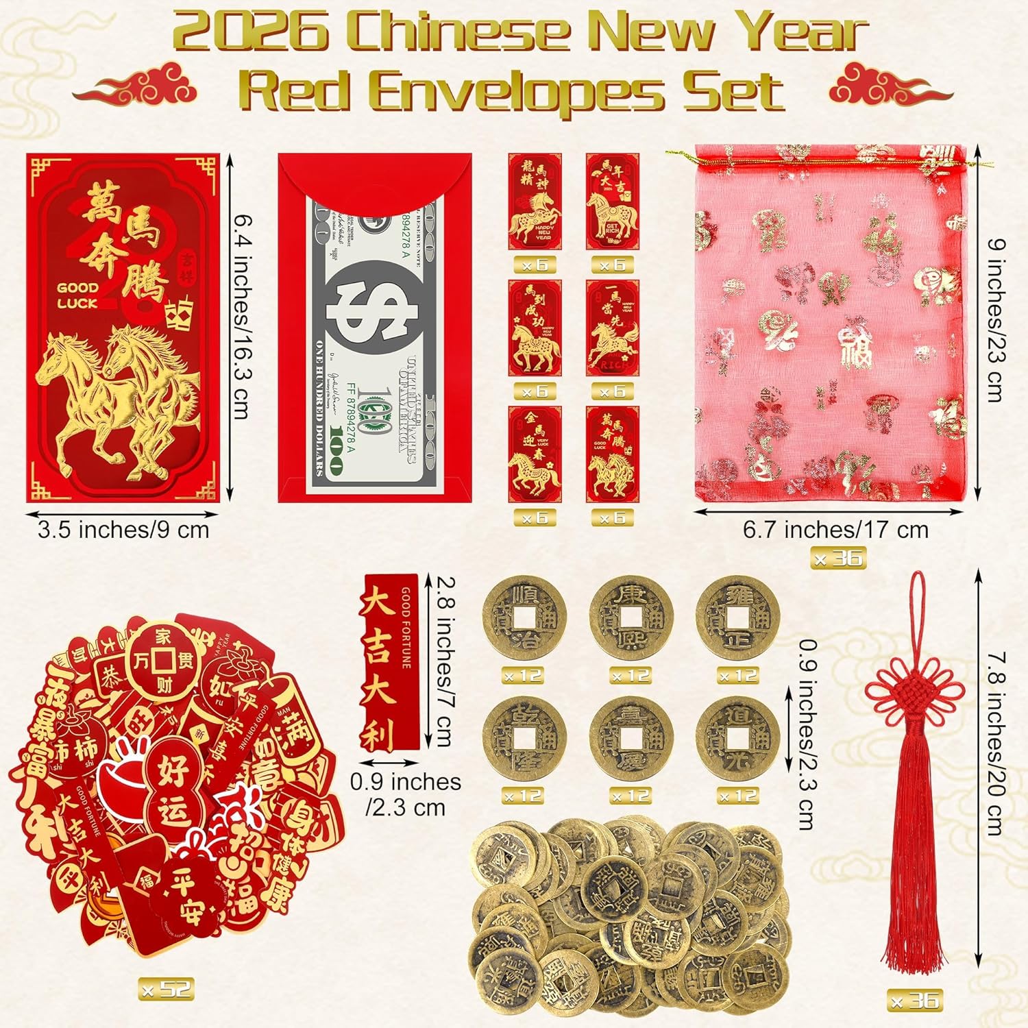 Aneco 232 Pieces 2026 Lunar New Year Red Envelopes Chinese New Year of the Horse Envelopes Gift Set with Lucky Coins Chinese Knots Stickers Organza Bags Hong Bao Paper Packets for Cash