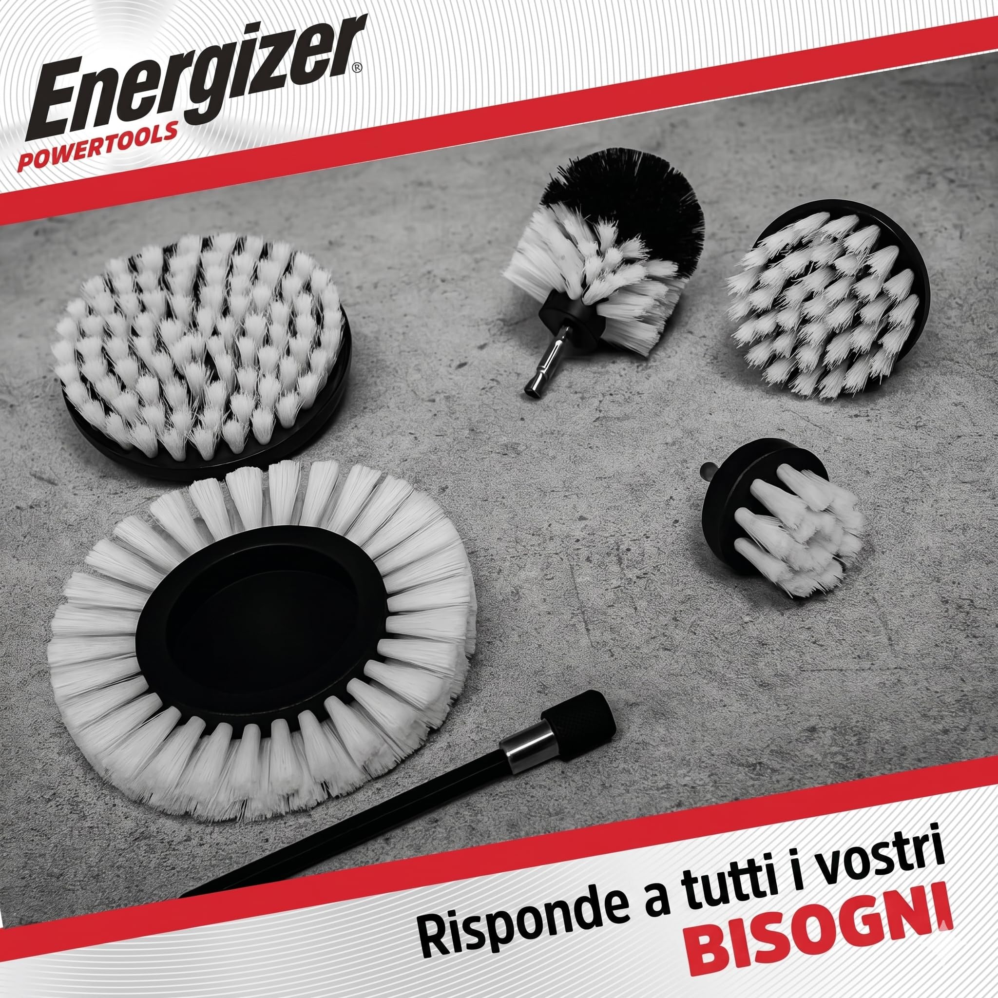 Energizer - Set di spazzole per pulizia trapano, 6 pezzi, spazzola per trapano auto, pulizia, cerchioni, piastrelle, tappeti, vasca, cucina, WC, pavimento - prolunga pratica inclusa
