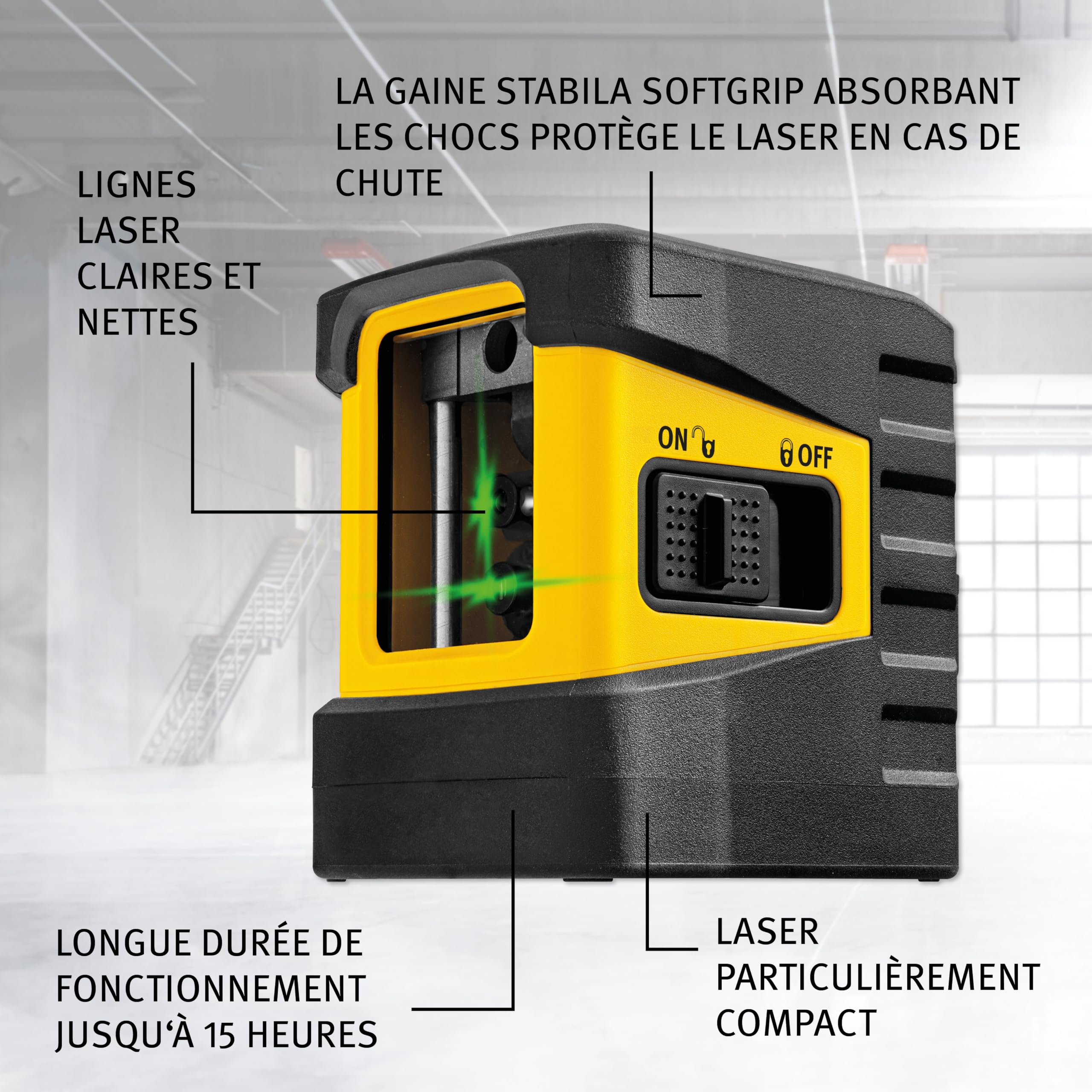 STABILA Laser à lignes croisées vert LAX 60 G, autonivelant, portée max. 30 m, kit avec cible, sac ceinture, piles (3 x AA)