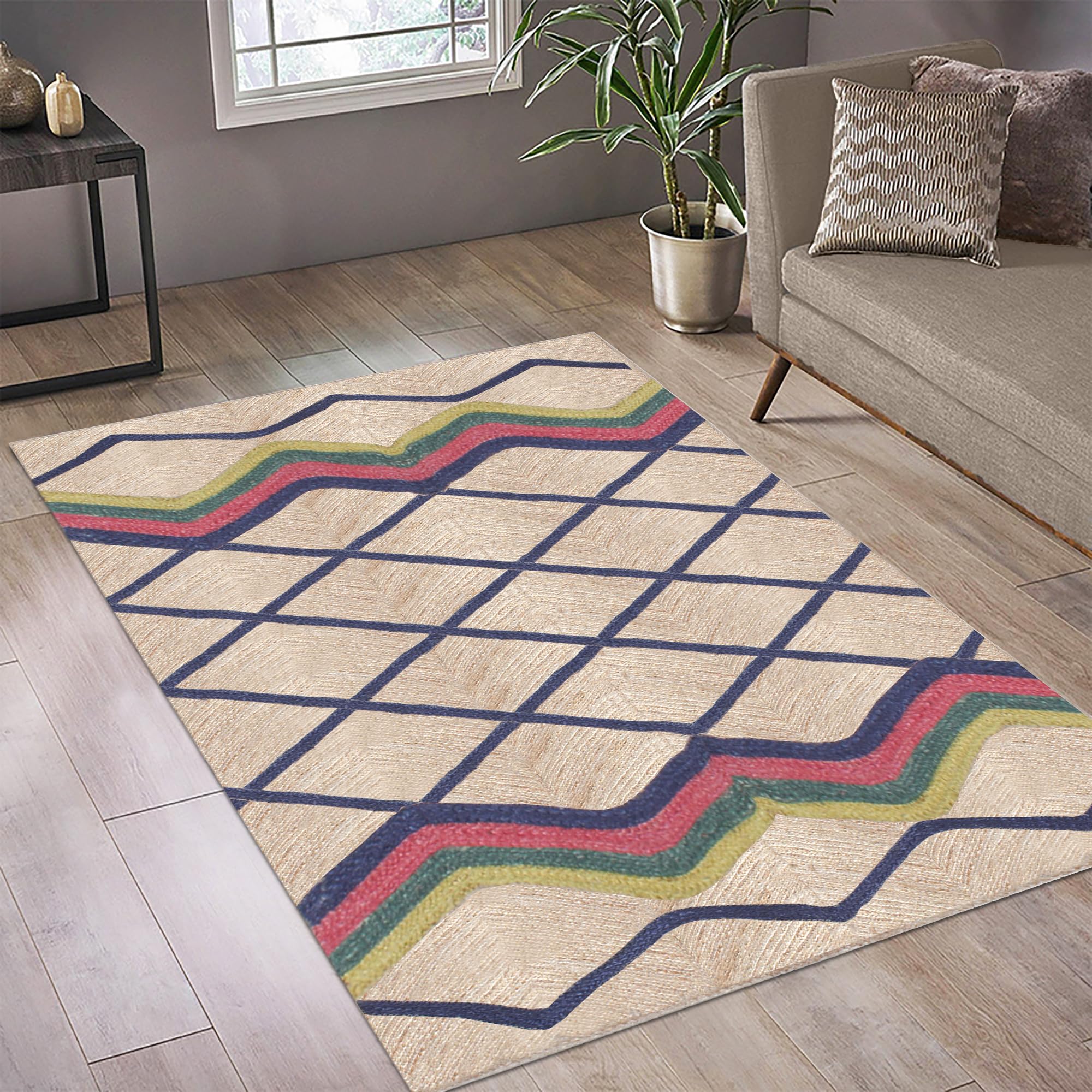Tapis en jute naturel bleu et multicolore tressé main de 2x6 pieds pour couloir