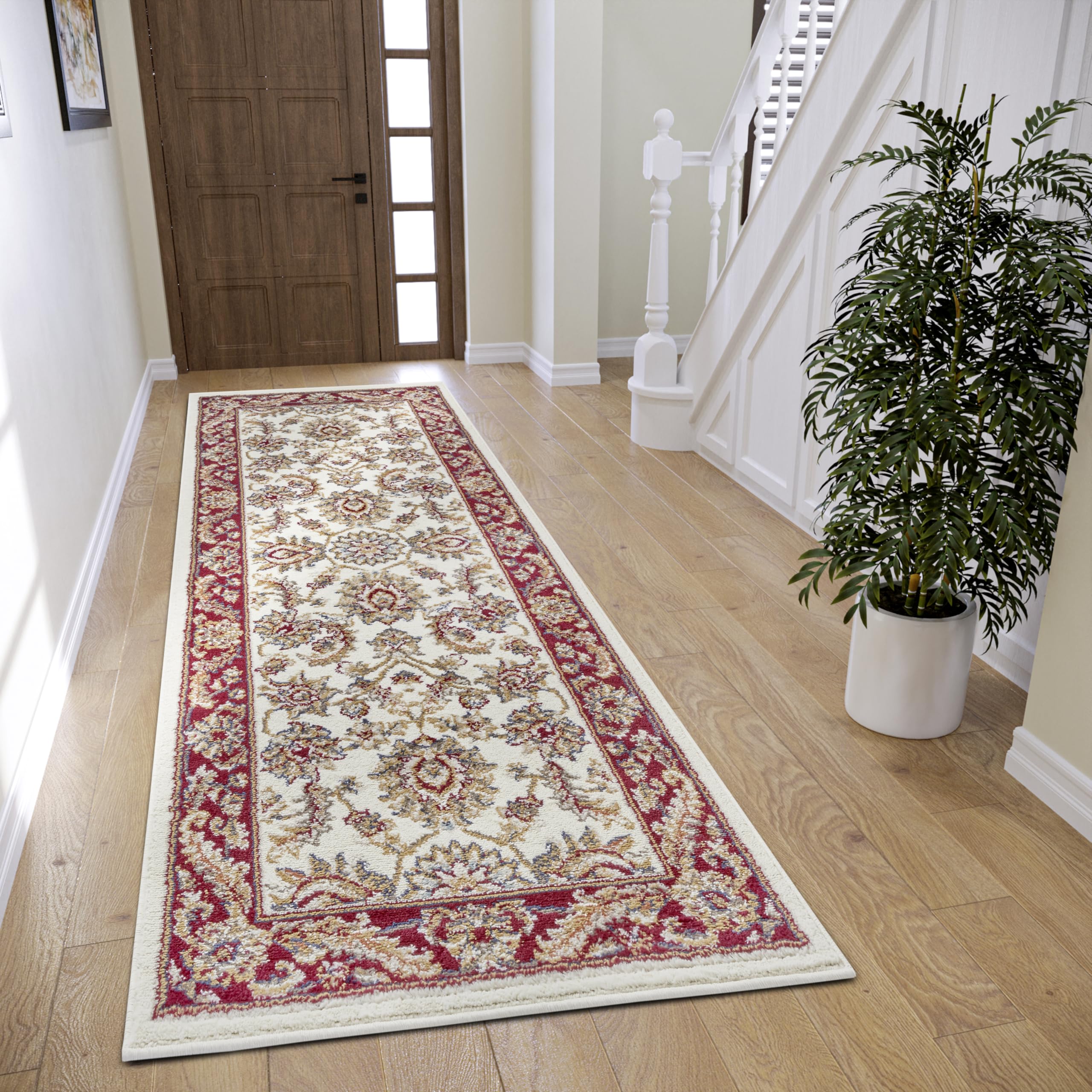 Alfombra oriental clásica de pelo corto Hanse Home Reni crema rojo 80x240 cm