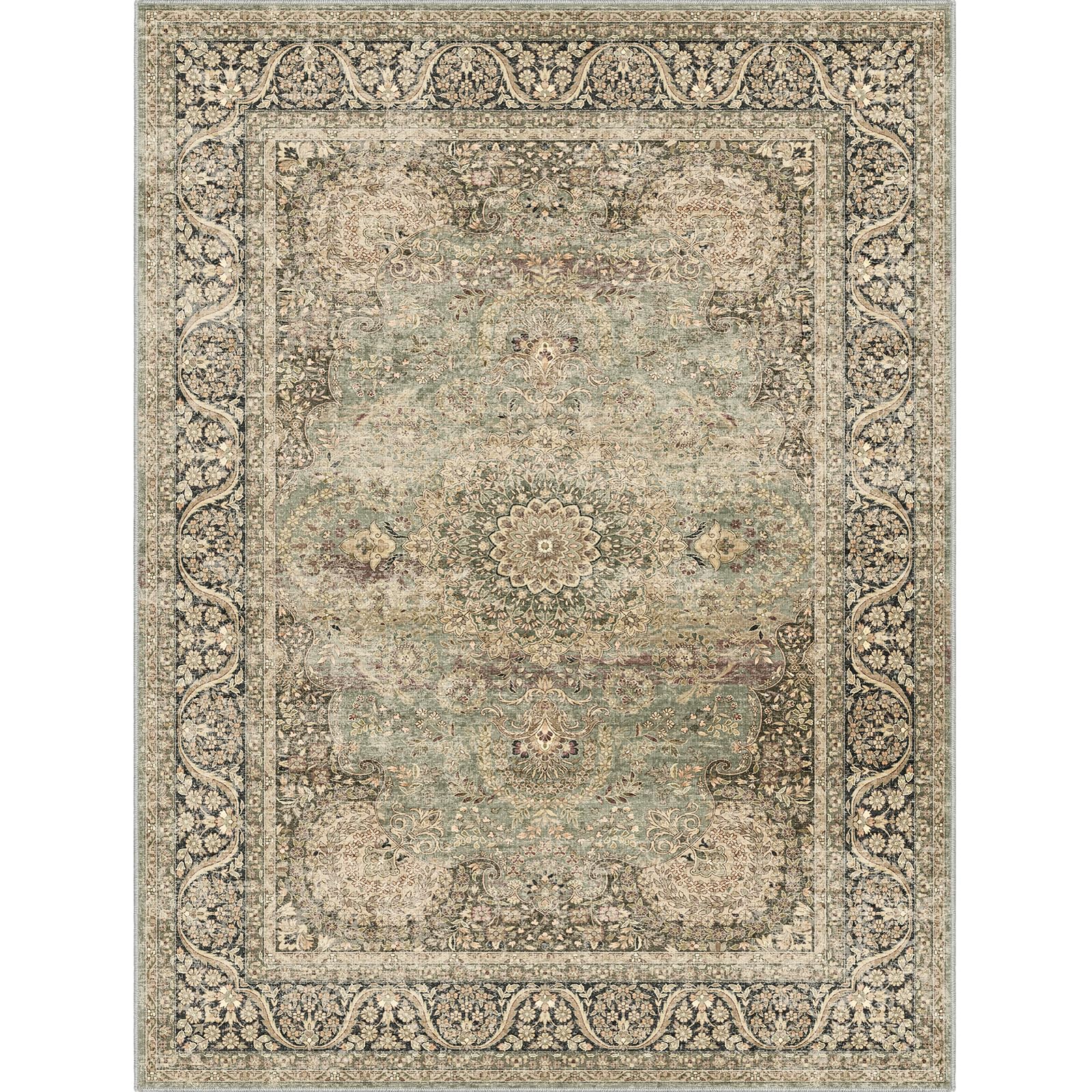 SIMILAR DESIGN AND ESTIMATED SIZE***Area Rug 9x12 Olive Charcoal Area Rug 9x12 Indoor Vintage Living Room Carpet Washable Distressed Rug Retro Accent Throw Rug for Office Dining Room Nursery (Olive Charcoal, 9x12 ft)