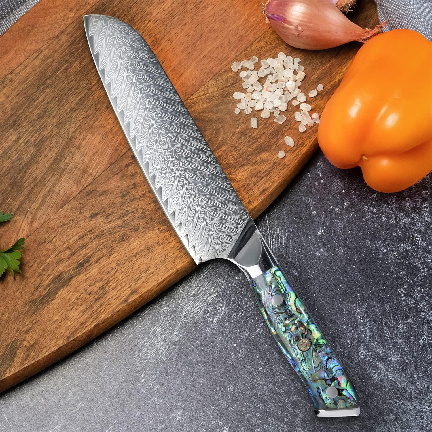 SENKEN Damascus Steel 7" Japanese Santoku Knife with Real Deep-Sea Abalone Shell Handle - Umi Collection - 67-Layer Japanese VG10 Forged Steel Blade, Integrated Full-Tang Molding (7" Santoku Knife)