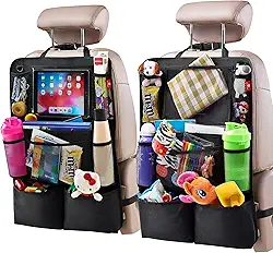 H Helteko Organizador de carro para banco traseiro, protetor de assento traseiro com suporte de tablet para tela sensível ao toque, organizador de assento traseiro para crianças, acessórios de viagem de carro, tapete com 9 bolsos de armazenamento, pacote com 2