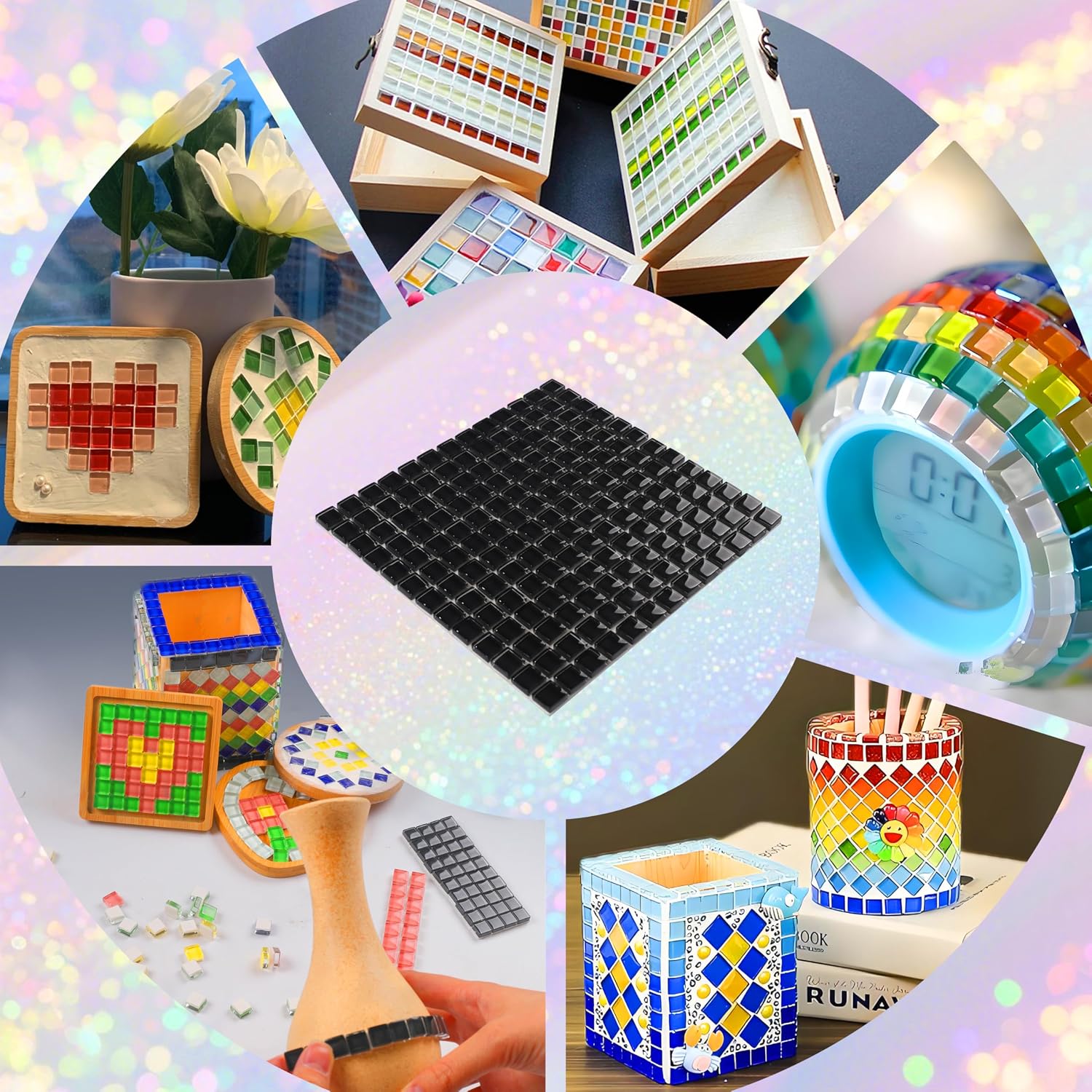 169 Particles Self-Adhesive 0.4X0.4 Inch Square Mosaic Tile. Hobbies Children Handmade Crystal Glass Tiles, Art Crafts, Mosaic Making Projects, Home Decoration DIY Art Projects (Black)