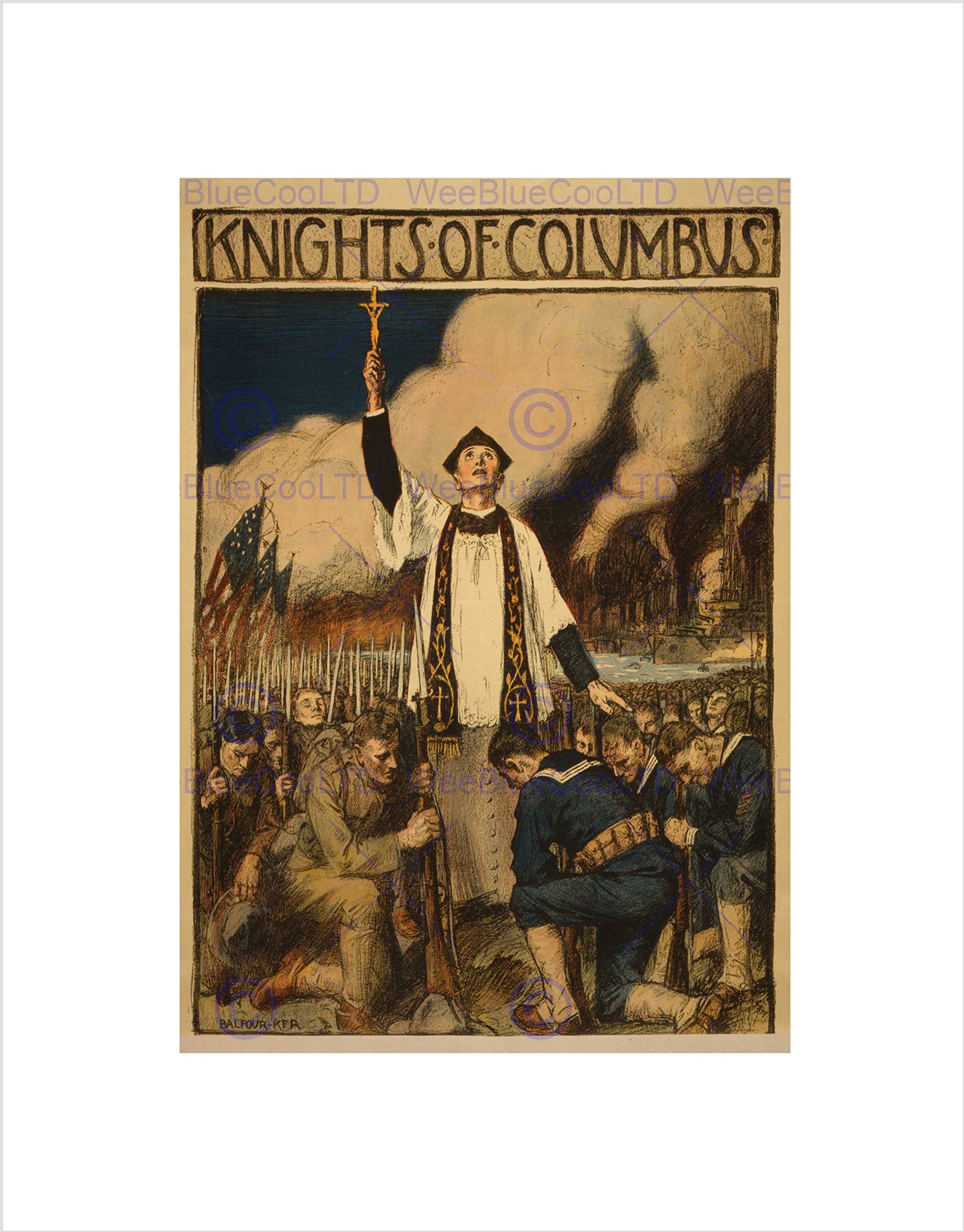 Wee Blue Coo WAR WWI KNIGHTS COLUMBUS CATHOLIC SOCIETY BLACK FRAMED ART PRINT B12X6018