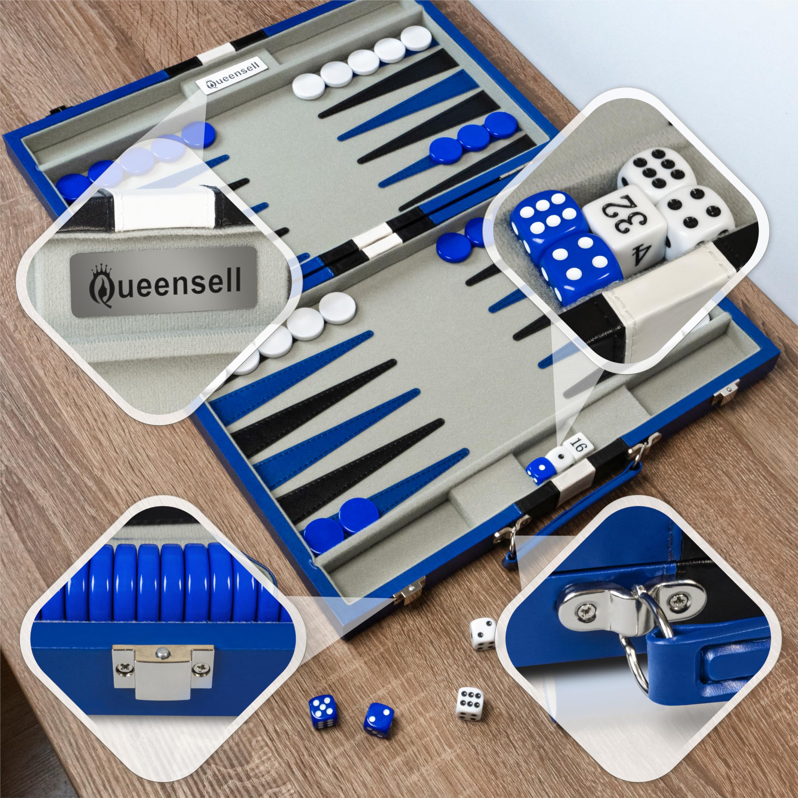 Zestaw do gry w backgammon dla dorosłych – 38 cm, gra planszowa ze skóry PU, klasyczny zestaw dla 2 graczy, 32 klocki, kostkami i kubkami