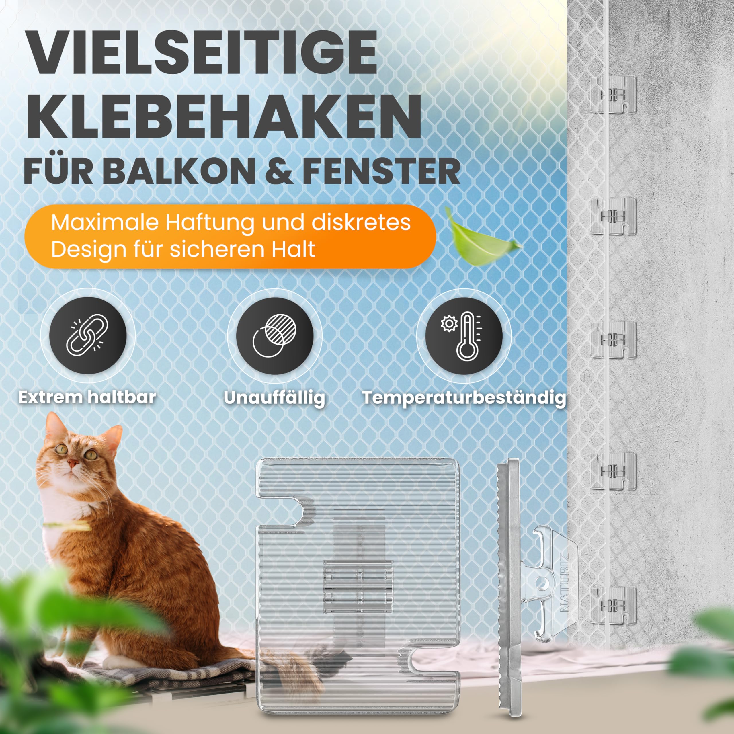 Naturiz® Ganci Adesivi da Esterno Resistenti alle intemperie - Set da 25/50/70 - per Fissare reti per Gatti Senza forare - con Colla siliconica (70 Ganci)