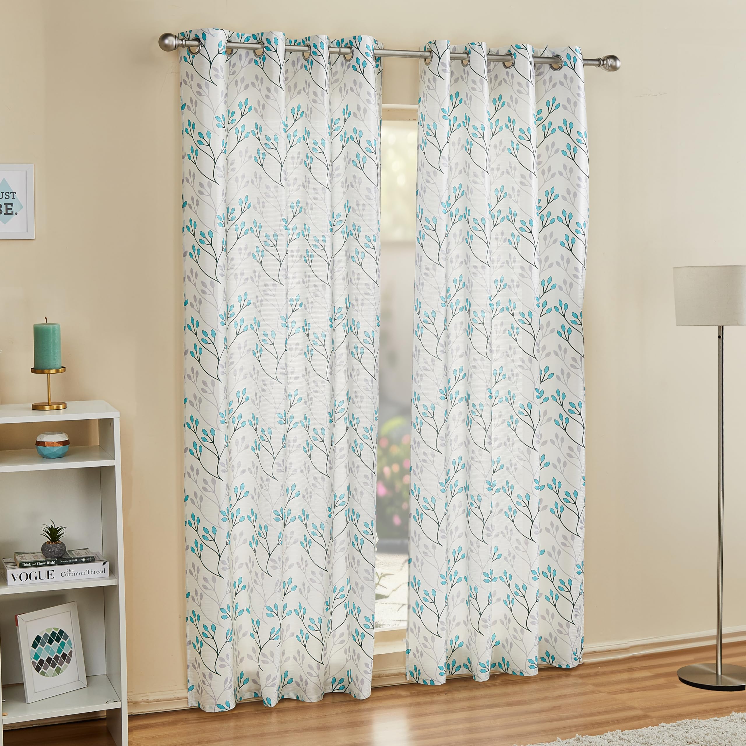 Amazon Brand - Solimo Polyester 75% Blackout Door Curtains|Door Curtains|7 Feet|Set of 2|Leaf Print Design |for Living Room Kids Room and Bedroom |White& Blue