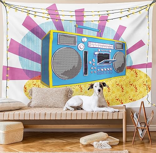 Ambesonne Tapiz de fiesta de los años 70, caja retro con forma de arte pop, música de baile, composición colorida, decoración de pared de tela para