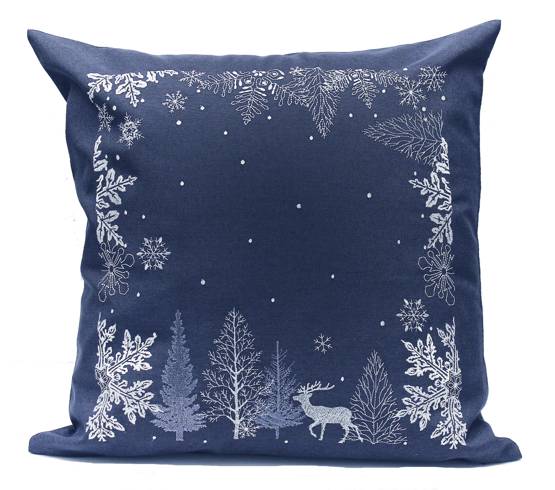 Peggy Wilkins Navy/Silver Neve Woodland Stag Embroidered Christmas Cushion 18" X 18"