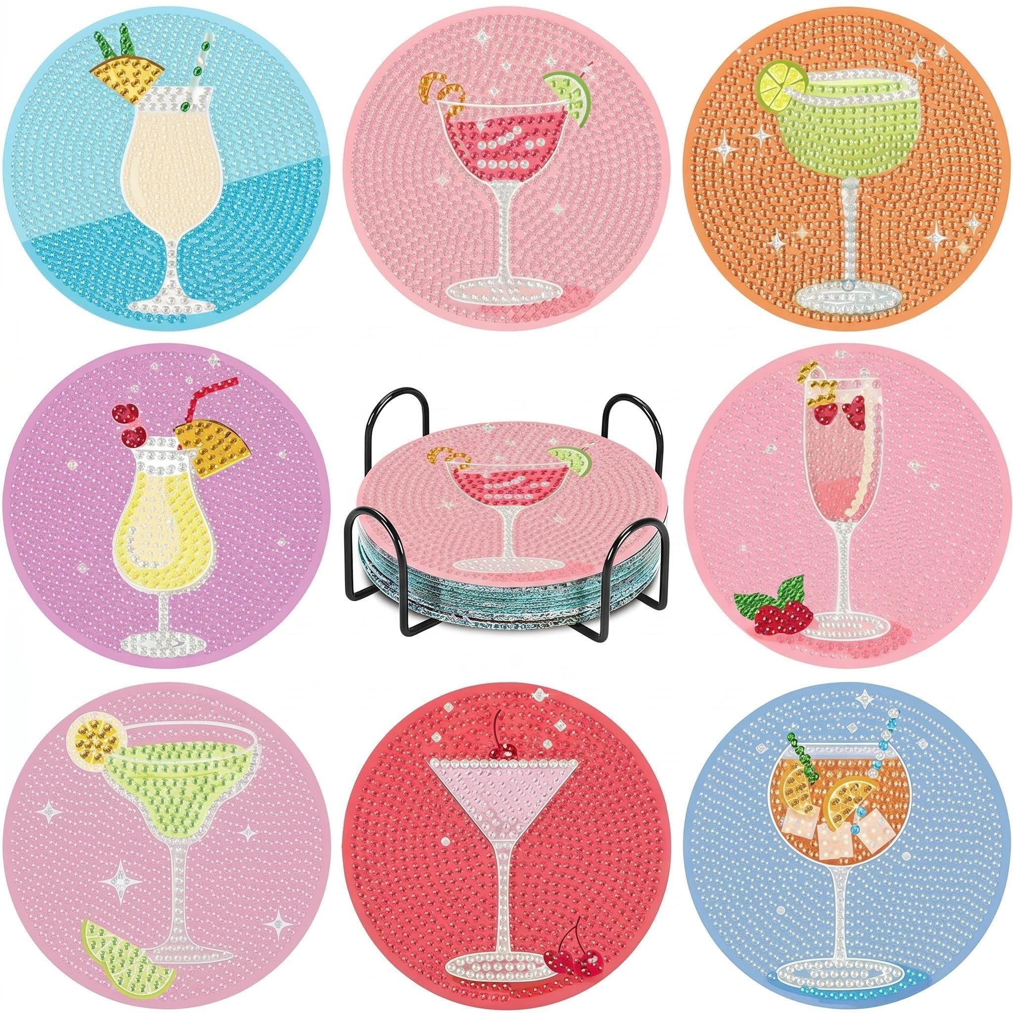 8 Pcs Cocktail Diamond Art Coasters Kits with Holder, DIY Retro Cocktail Diamond Painting Coasters Mosaic Kits for Adults, Round Non Slip Coaster Crafts for Tabletop Protection and Gifts