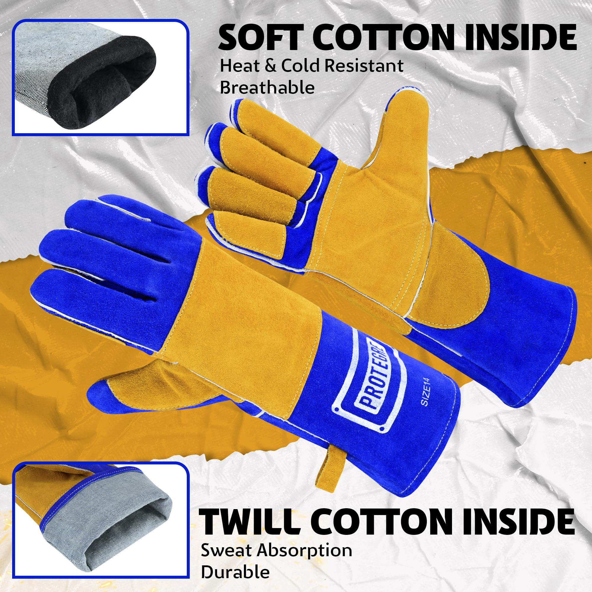 Guantes de soldadura de 16 pulgadas, cuero vacuno resistente al calor y al fuego, costuras de Kevlar, protección de 500.0 °C para MIG, palo, forja, chimenea, barbacoa, estufa de leña