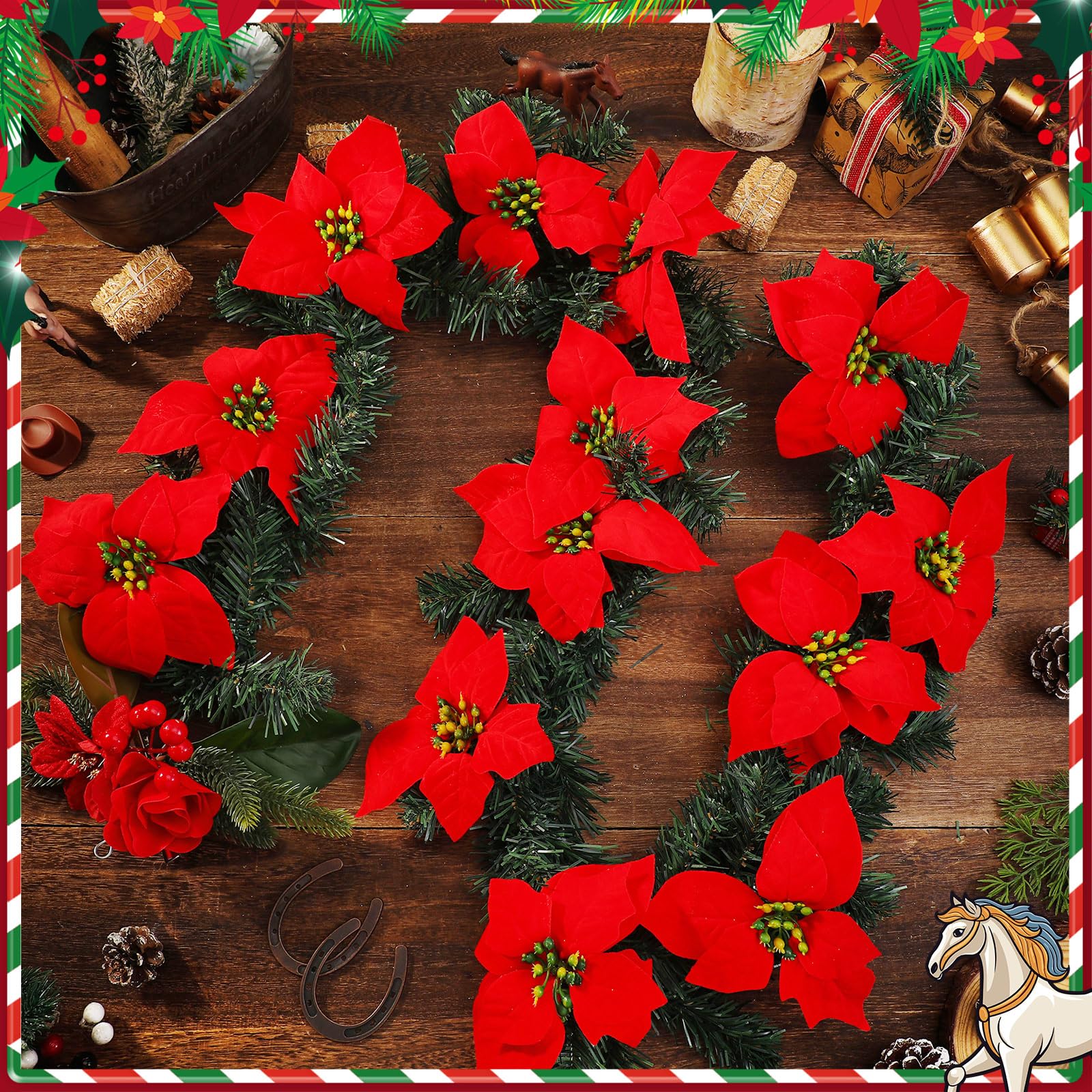 Dansydaisy Weihnachtskranz, Pferd, Halfter, Halfter, Zaumzeug, Clip-Set, 180 cm, künstliche Weihnachtsstern-Girlanden für Urlaubsdekoration, Pferde-Kostüm-Zubehör