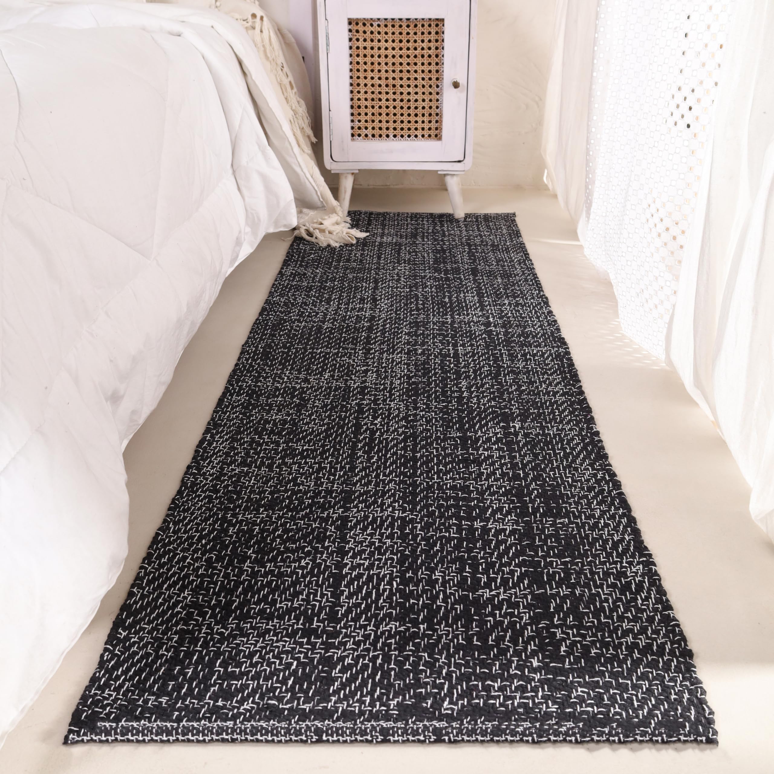 HOMEMONDE Cotton Herringbone Floor Rugs 2 x 6 Feet Boho Handmade Runner Rug for Farmhouse, Living Room, Kitchen - (24 x 72 in Black and White)