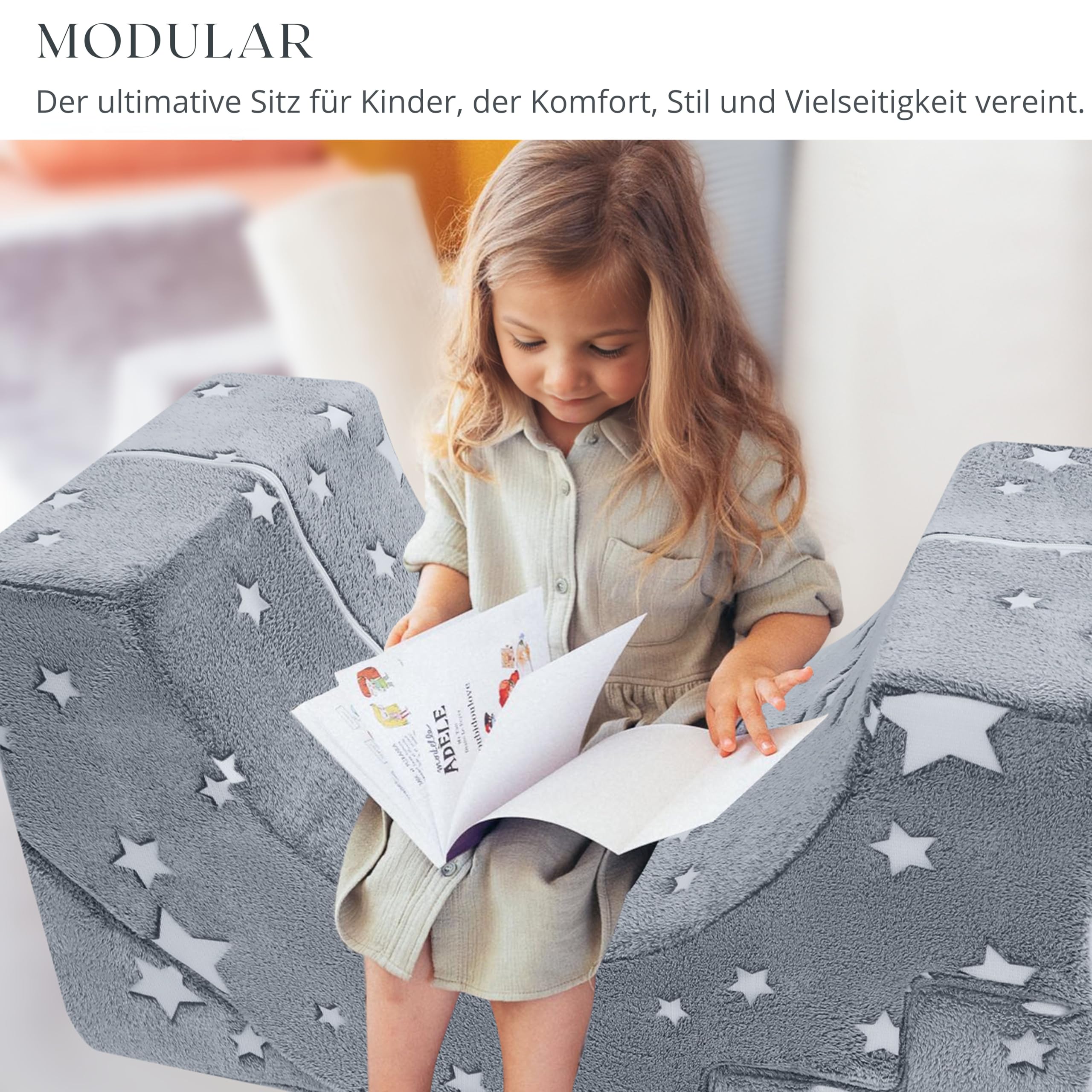 MeMoreCool Kindersofa Grau Stern-Motiv, Modulare Mini Couch aus Schaumstoff Fuer Kinderzimmer, Ausklappbares Spielsofa mit Abnehmbarem Bezug, Weiches Kindersessel ab 1 Jahr