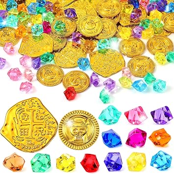 Hanaive 150 Pcs Plastic Pirate Gold Coins Fake Gems Set,Mixing,Gold