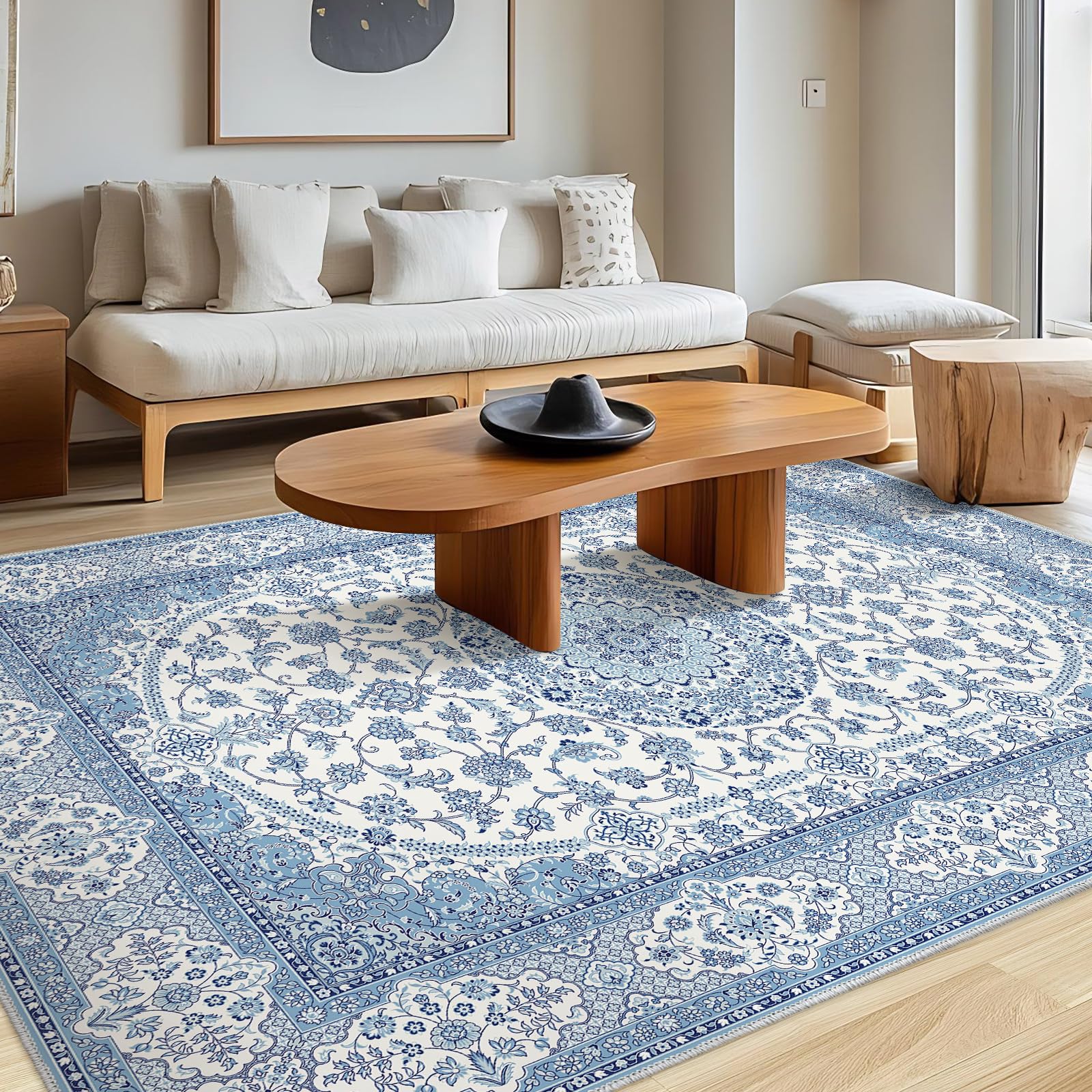 Amazon | FORTSEA 200×250cm 洗えるラグ ペルシャ風 花柄 ブルー 防音