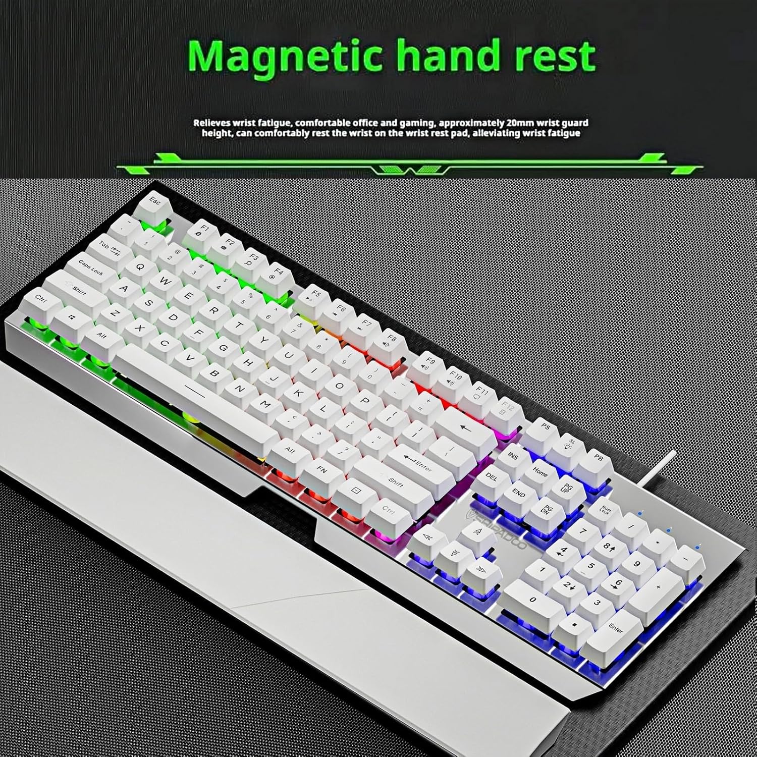 Wired Rainbow LED Gaming Keyboard,104 Keys Light Up Mechanical Feeling Computer Keyboard With Palm Rest for Windows, Laptop,PC Gamers Office Device,Travel, Easy to Carry on Business Trip,Woking(White)