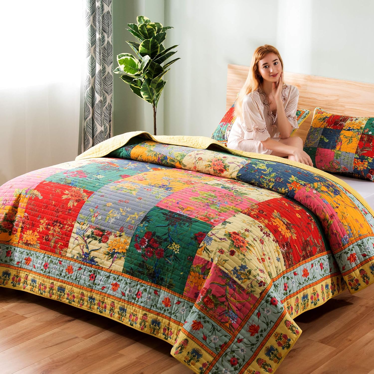 Quilt Set King Size Cotton Bedspread Coverlet Floral Plaid Patchwork Bedding Home Lightweight Floral Quilts Reversible Bedspread Cotton Quilt Collection Bedding Colorful Floral Quilt with Shams