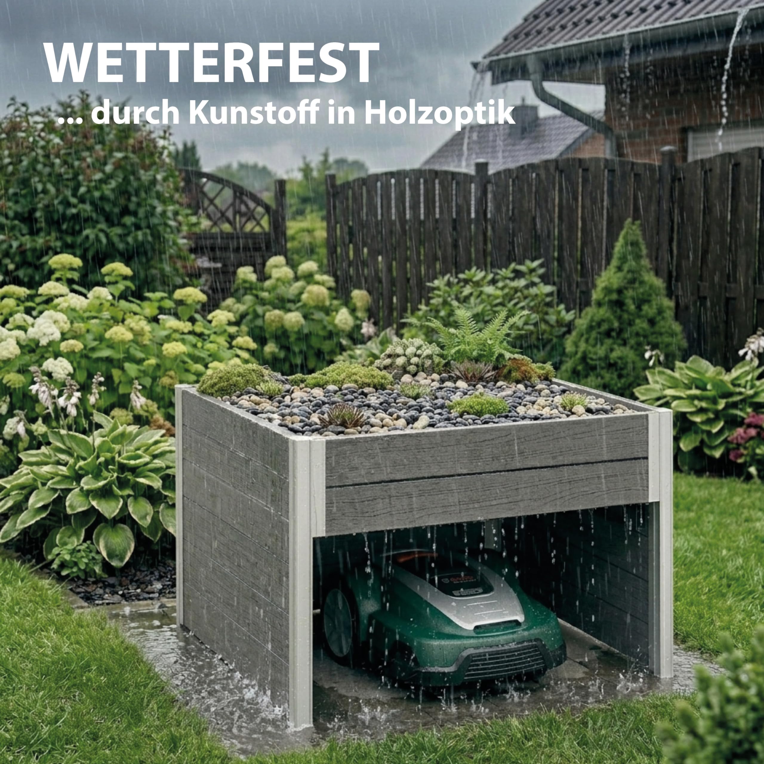 TRUTZHOLM Hochbeet mit Mährobotergarage 2in1 Holzoptik 73x79x56 cm Rasenroboter Garage Pflanzkasten anthrazit