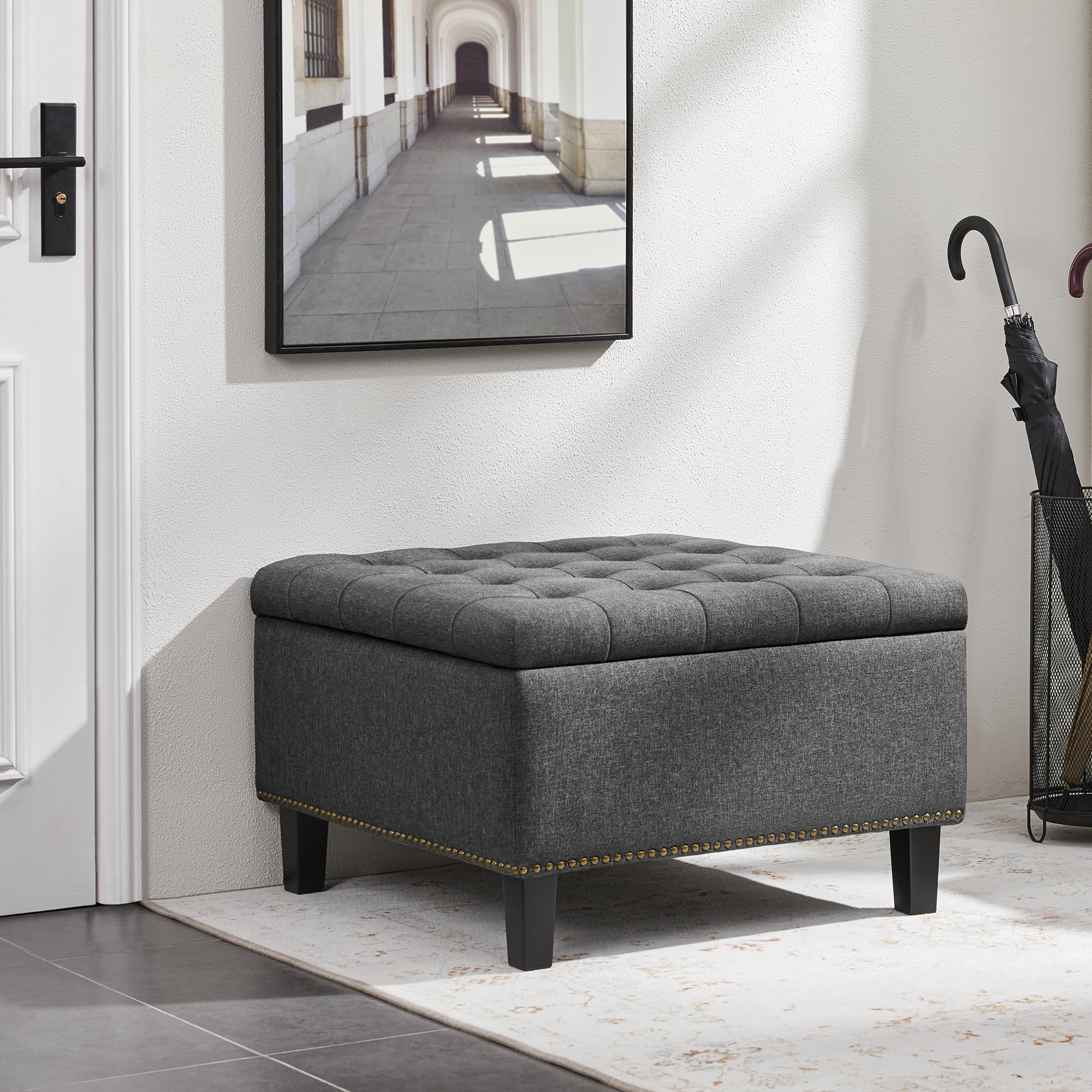 Yaheetech Cassapanca Ottomana in MDF e Schiuma con Vano Portaoggetti per Ingresso/Soggiorno/Sala di Attesa/Camera da letto Grigio Scuro