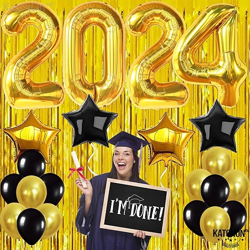 Miniatura 9 de KatchOn, Juego de globos dorados 2024, gigantes de 40 pulgadas, paquete de 23, globos de clase de 2024, decoraciones de graduación negras y doradas