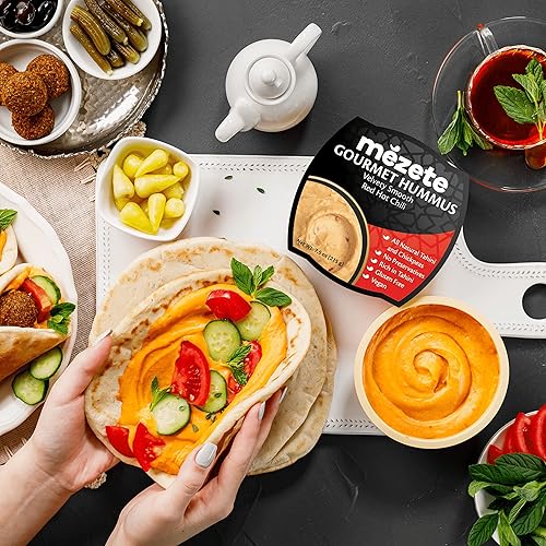 Miniatura 3 de Mezete Hummus de chile rojo vivo, 100% totalmente natural, salsa vegana rica en Tahini sin conservantes, sin gluten, estable en el estante y no