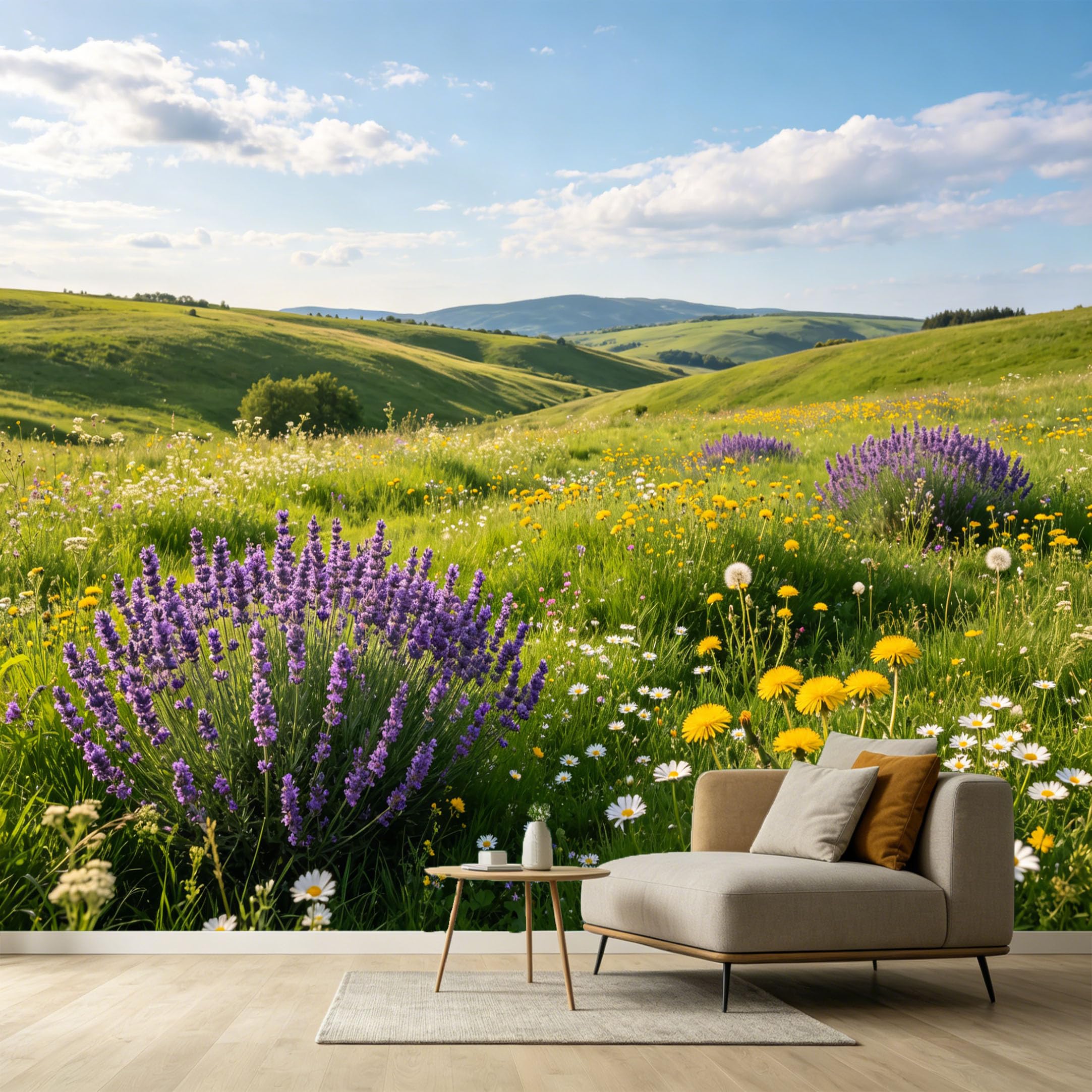 Custom Size Wall Murals Rolling Hills Botanical Landscape Yellow Flowers Lavender Fields Watercolor SelfAdhesive Wall Fabric Removable Large Wallpaper for Photo Living Room