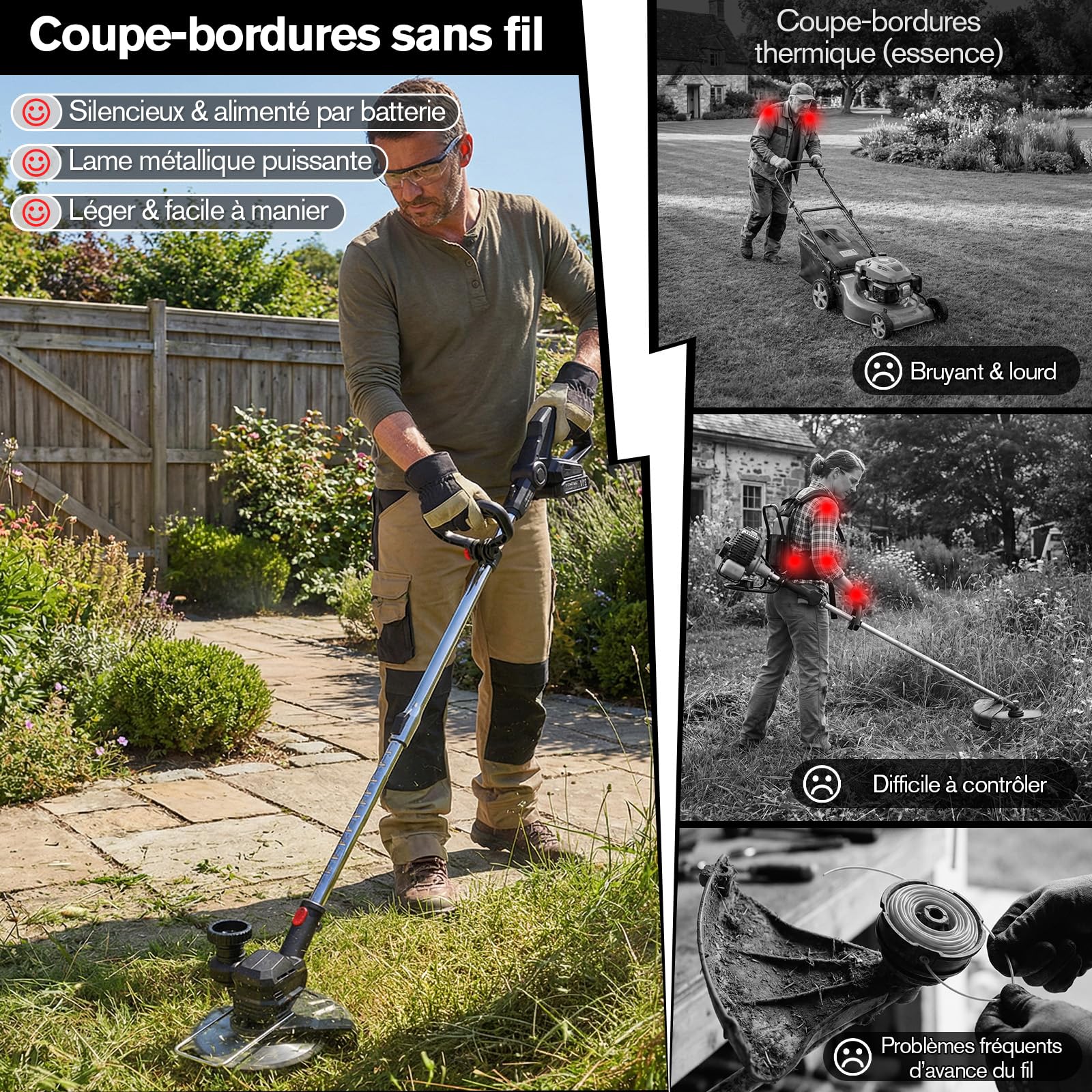 Débroussailleuse à Batterie 21V 850W Max, Coupe-Bordure sans Fil avec Écran LCD (0-100%), Rotofil avec 2 Batteries 2.0Ah, Brosse en Acier et Roues pour Jardin