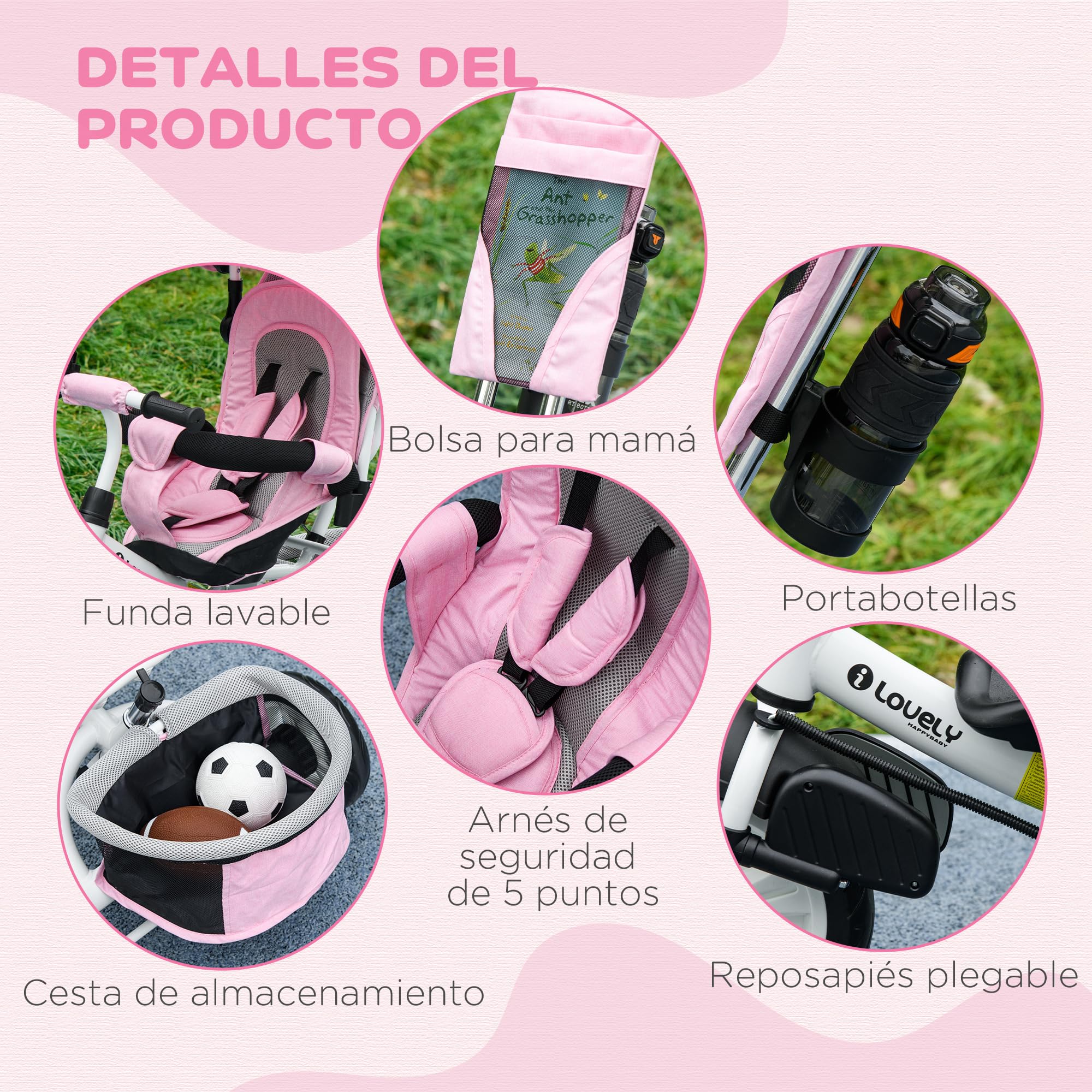 HOMCOM Triciclo para Bebés Triciclo Evolutivo para Niños con Toldo Plegable Mango de Empuje Telescópico y Desmontable Bolso para Mamá y Portabotellas 102x49x102 cm Rosa