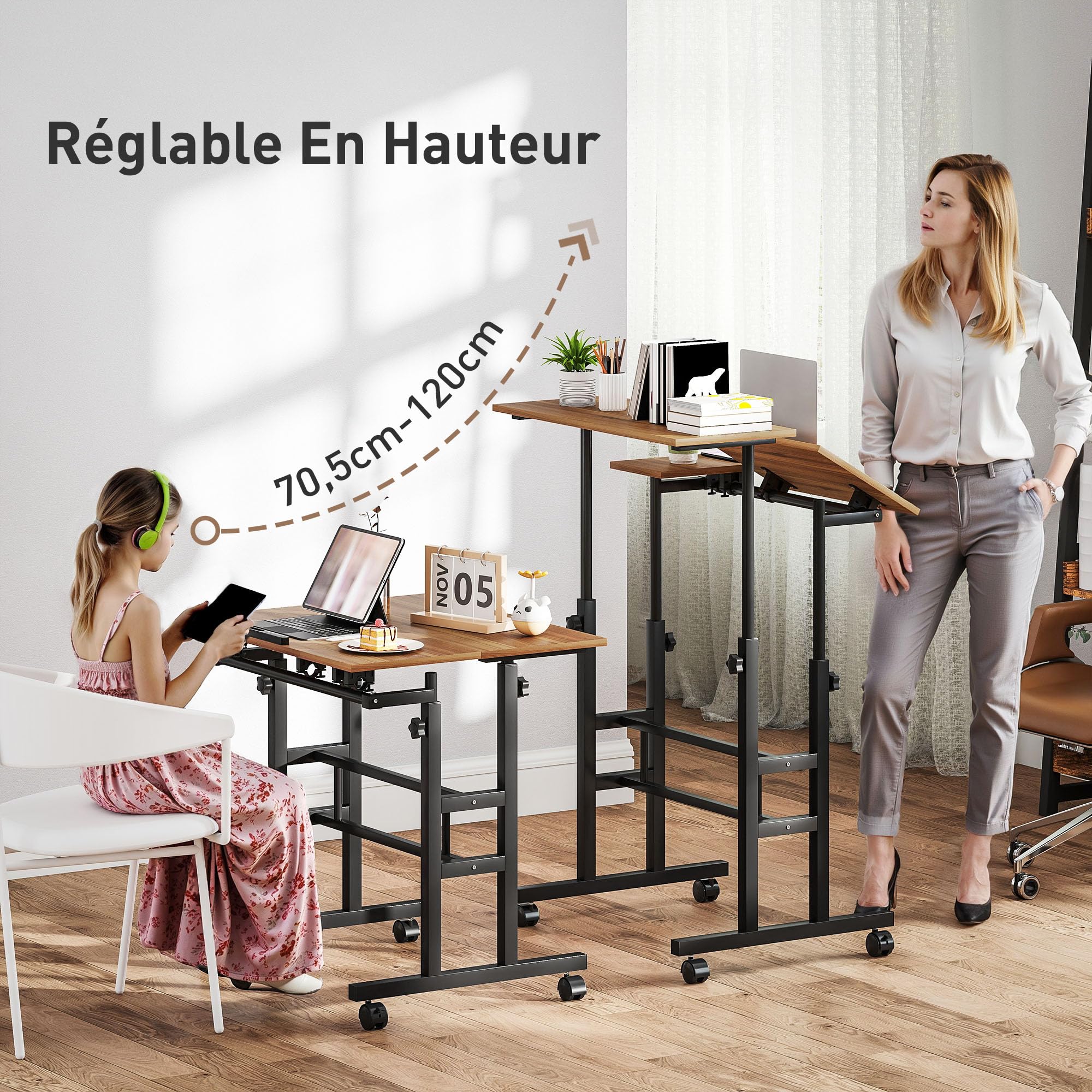 HOMCOM Scrivania sit-stand regolabile in altezza 70x60cm Marrone | Scrivania computer su ruote, piano inclinabile, postazione di lavoro per camera da letto, piccoli spazi