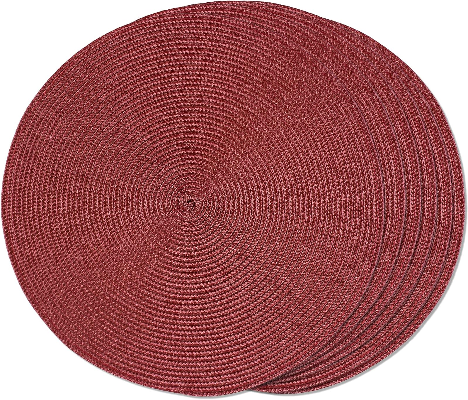 FunWheatRound Braided Placemats Set of 6 Table Mats for Dining Tables Woven Washable Non-Slip Place mats 15 inch for Summer Burgundy, 6pcs