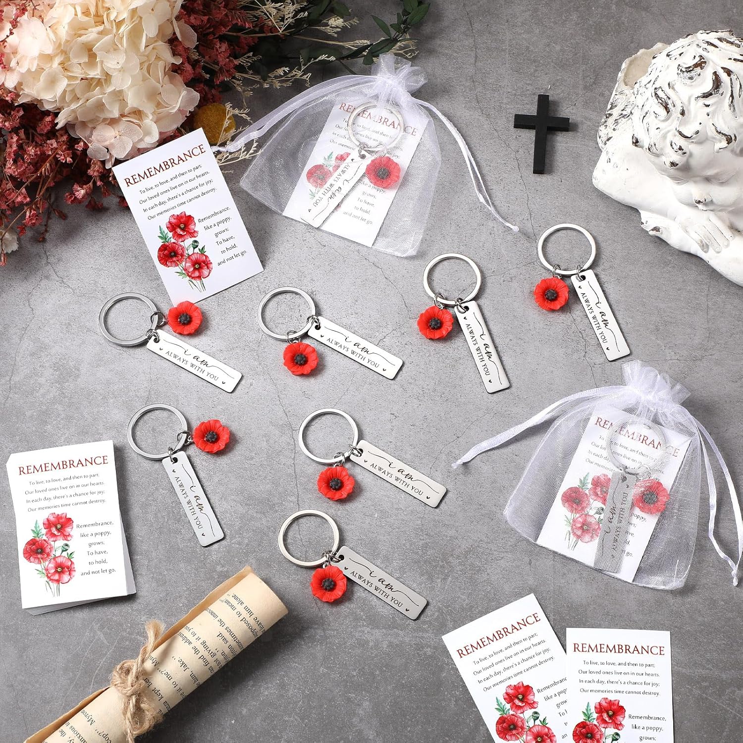 Landical Poppy Funeral Favor, Celebration of Life Favors for Memorial Day, Stainless Steel Keychains with Card, Organza Bag