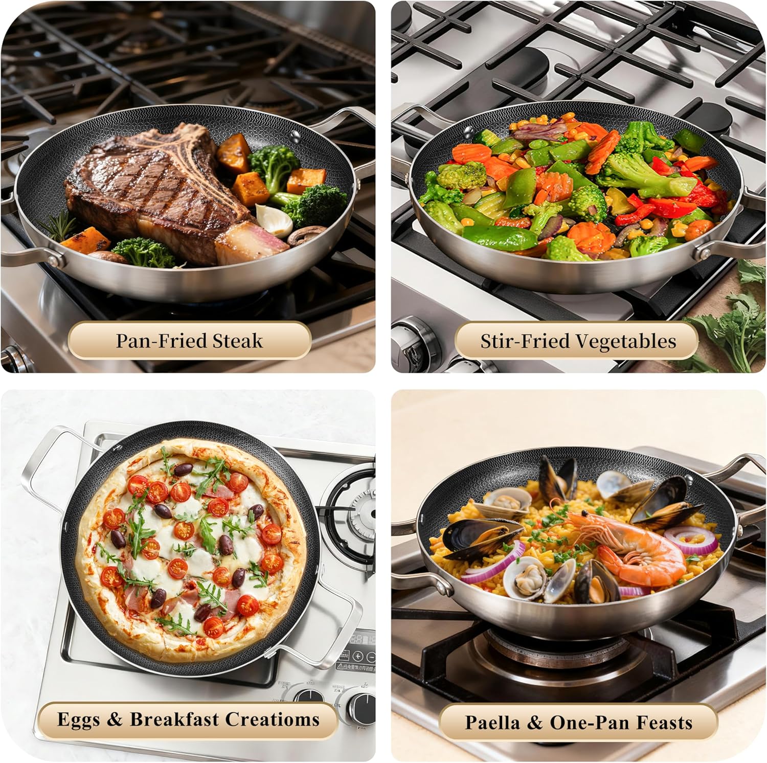 13 Inch Stainless Steel Paella Pan, Nonstick Ceramic Coating & Induction Compatible Large Skillet, Jumbo Cooker for Spanish Rice, Seafood Paella, Authentic Paella, Socarrat, Oven Safe, 4-6 Servings