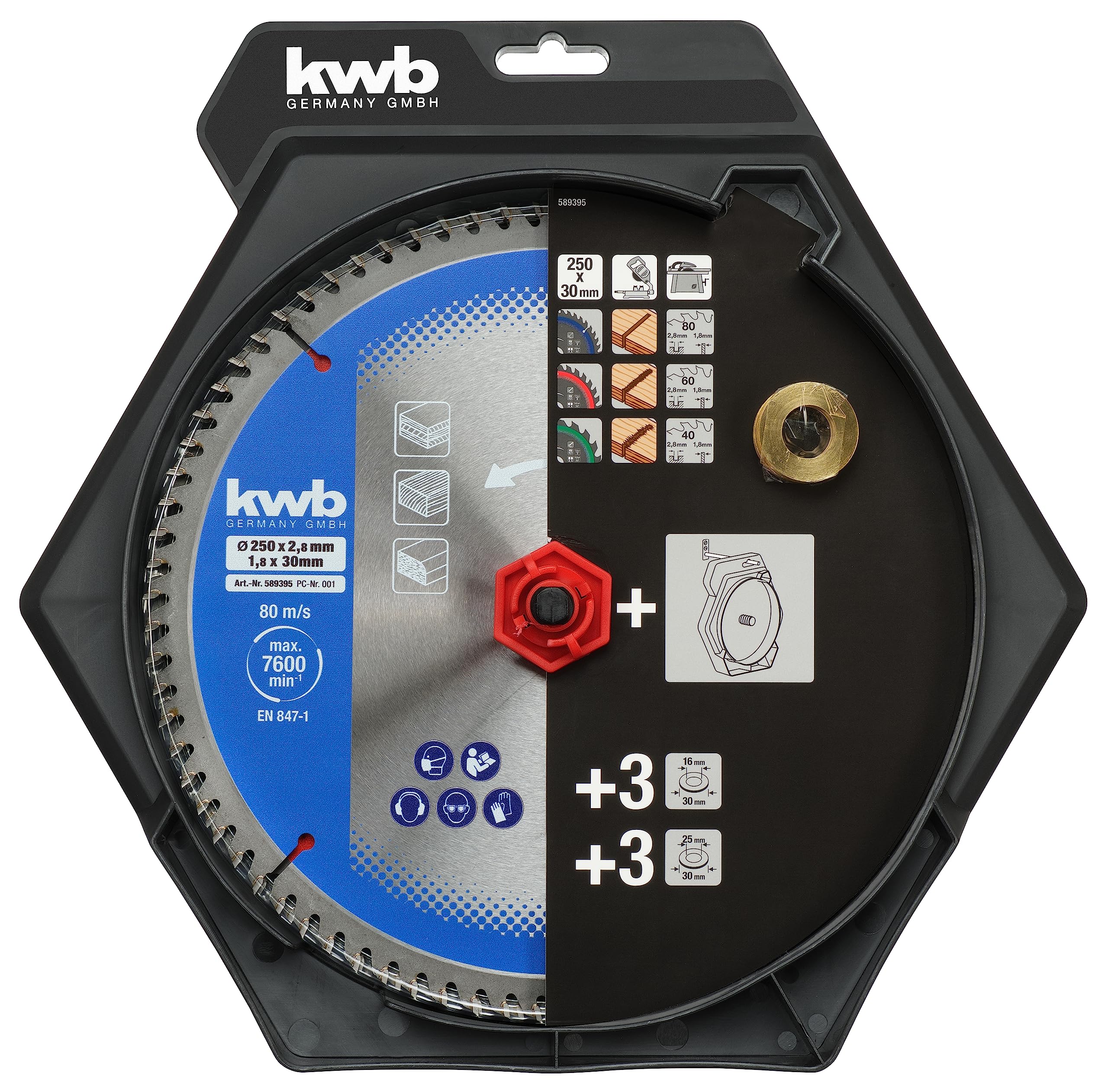 set di lame per seghe circolari kwb 250 x 30/25 / 16 mm per seghe circolari manuali o da banco, per pannelli e materiali da costruzione in legno incl. anelli di riduzione a 16 e 25 mm