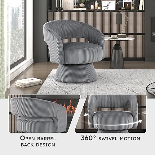 Miniatura 3 de Lexicon Silla decorativa giratoria de 360 grados, moderna y cómoda silla redonda de pana con respaldo abierto, cojines de espuma de felpa, base