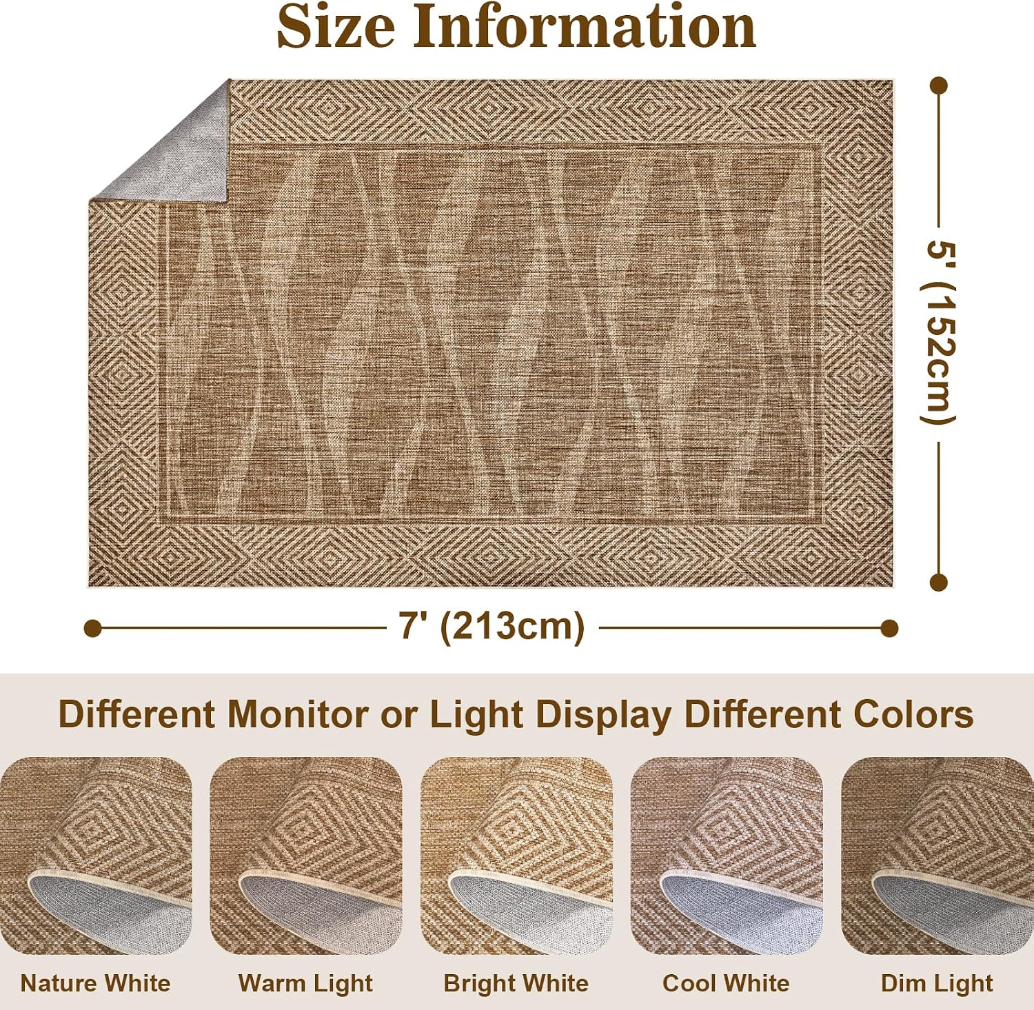 Jute Rug 5x7 Outdoor Patio Rug with Border, Washable Rugs for Living Room, Farmhouse Non Slip Area Rugs with Rubber Backing Indoor Outdoor, Non Shedding Carpet for Bedroom, Courtyard, Light Brown